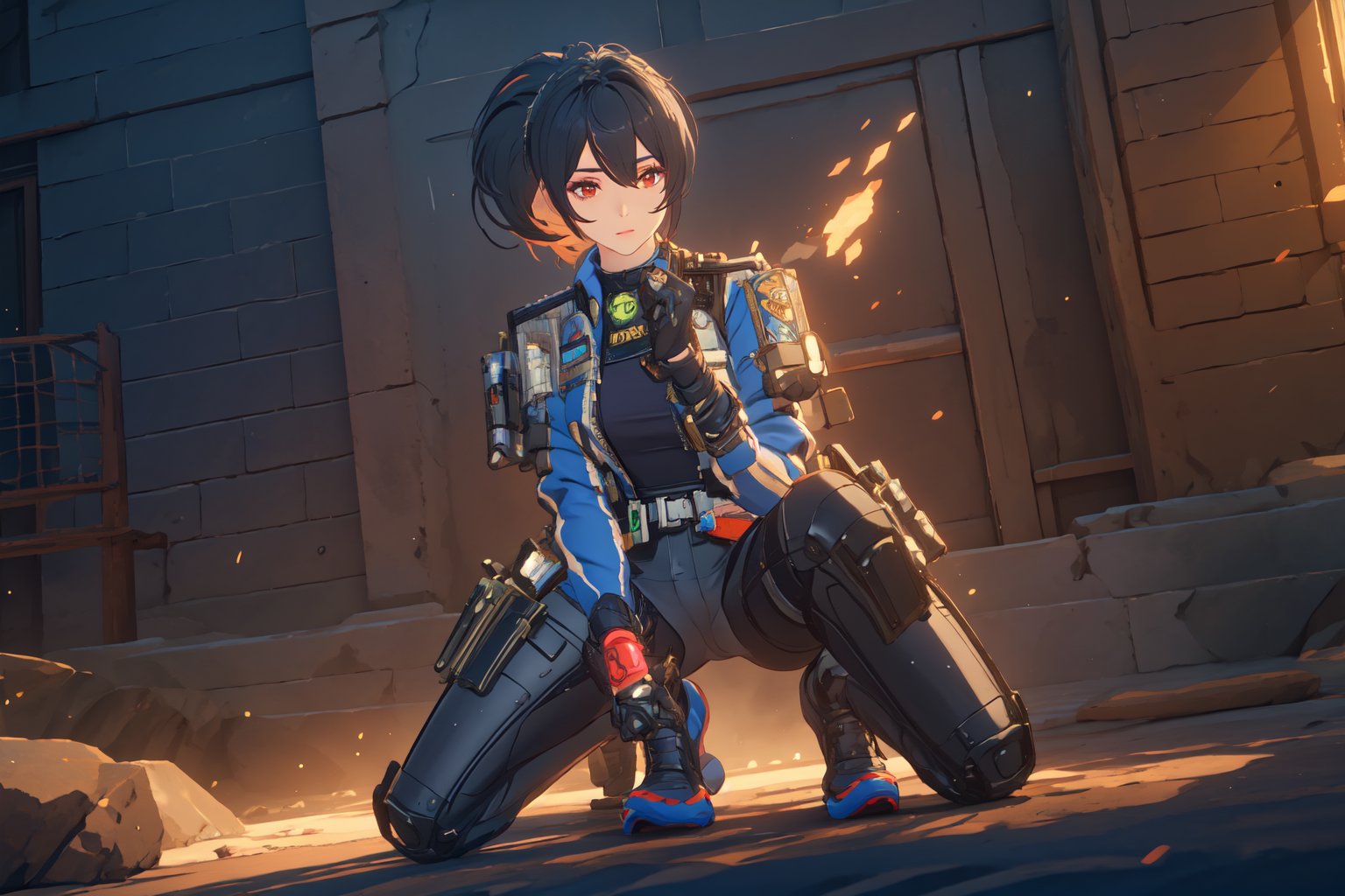 1girl, Policewoman, Zhu Yuan, Red Eyes, Ponytail Black Hair, Red Hair Strip, Hair Accessory , Blue Jacket , White Shirt, Black Rubber suit, Skinsuit, Black Leg , Shoulder Armor ,Blue Shoe, Sexy Pose, Black glove , Good Detail Hand Expresionless Face , on one knee, battle ready stace, behind the cover, lift the gun ,massive sky building in the background , Sunset Time, ((Best quality)), ((masterpiece)), 3D, HDR (High Dynamic Range),Ray Tracing, NVIDIA RTX, Super-Resolution, Unreal 5,Subsurface scattering, PBR Texturing, Post-processing, Anisotropic Filtering, Depth-of-field, Maximum clarity and sharpness, Multi-layered textures, Albedo and Specular maps, Surface shading, Accurate simulation of light-material interaction, Perfect proportions, Octane Render, Two-tone lighting, Wide aperture, Low ISO, White balance, Rule of thirds,8K RAW, Aura, masterpiece, best quality, Mysterious expression, magical effects like sparkles or energy, flowing robes or enchanting attire, mechanic creatures or mystical background, rim lighting, side lighting, cinematic light, ultra high res, 8k uhd, film grain, best shadow, delicate, RAW, light particles, detailed skin texture, detailed cloth texture, beautiful face, (masterpiece), best quality, expressive eyes, perfect face,