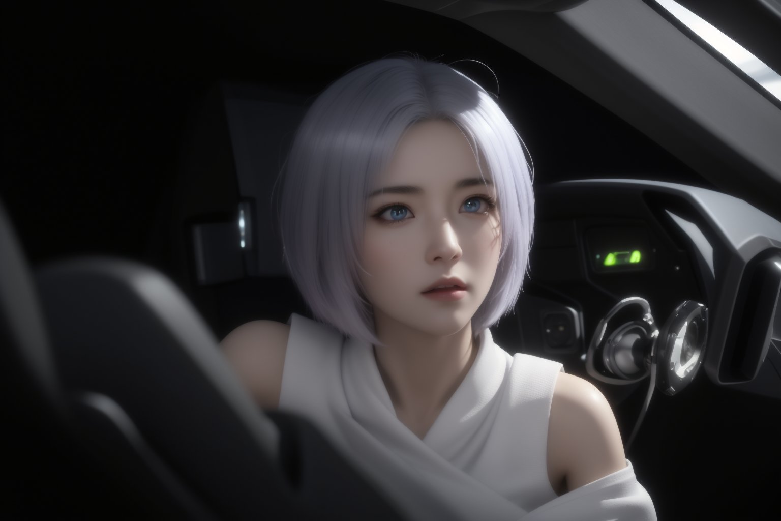 Eru, 1boy, Solo, Short Silver Hair, Rainbow Eyes, white cloth, short pant, white long boots, glove, sit in the cockpit, visible leg, sexy pose, ((Best quality)), ((masterpiece)), 3D, HDR (High Dynamic Range),Ray Tracing, NVIDIA RTX, Super-Resolution, Unreal 5,Subsurface scattering, PBR Texturing, Post-processing, Anisotropic Filtering, Depth-of-field, Maximum clarity and sharpness, Multi-layered textures, Albedo and Specular maps, Surface shading, Accurate simulation of light-material interaction, Perfect proportions, Octane Render, Two-tone lighting, Wide aperture, Low ISO, White balance, Rule of thirds,8K RAW, Aura, masterpiece, best quality, Mysterious expression, magical effects like sparkles or energy, flowing robes or enchanting attire, mechanic creatures or mystical background, rim lighting, side lighting, cinematic light, ultra high res, 8k uhd, film grain, best shadow, delicate, RAW, light particles, detailed skin texture, detailed cloth texture, beautiful face, (masterpiece), best quality, expressive eyes, perfect face,