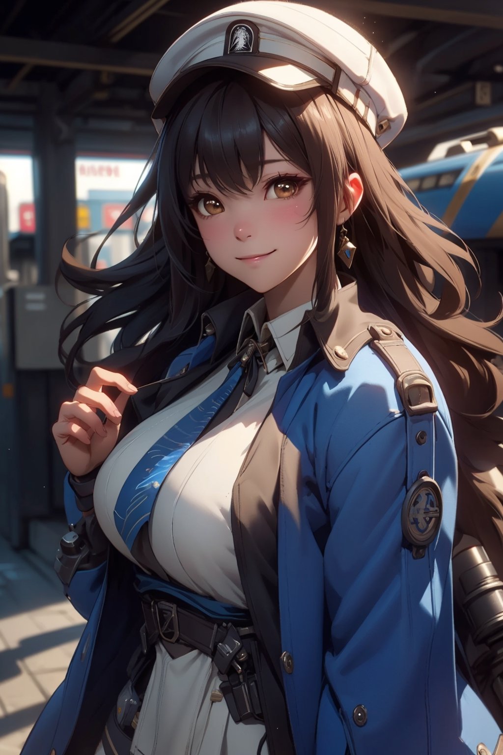 A mature waist long loose drak brown Hair style Girl with heavy machine gun , lovely smile, straw berry loli pop, blue cap, Blue jacket shirt, blue necktie, white shirt, white skirt, white panty, Heavy Gun, Railway, Train Station, ((Best quality)), ((masterpiece)), 3D, HDR (High Dynamic Range),Ray Tracing, NVIDIA RTX, Super-Resolution, Unreal 5,Subsurface scattering, PBR Texturing, Post-processing, Anisotropic Filtering, Depth-of-field, Maximum clarity and sharpness, Multi-layered textures, Albedo and Specular maps, Surface shading, Accurate simulation of light-material interaction, Perfect proportions, Octane Render, Two-tone lighting, Wide aperture, Low ISO, White balance, Rule of thirds,8K RAW, Aura, masterpiece, best quality, Mysterious expression, magical effects like sparkles or energy, flowing robes or enchanting attire, mechanic creatures or mystical background, rim lighting, side lighting, cinematic light, ultra high res, 8k uhd, film grain, best shadow, delicate, RAW, light particles, detailed skin texture, detailed cloth texture, beautiful face, (masterpiece), best quality, expressive eyes, perfect face,Mechanical_tentacles,momo_burlesque,diesel \(nikke\)