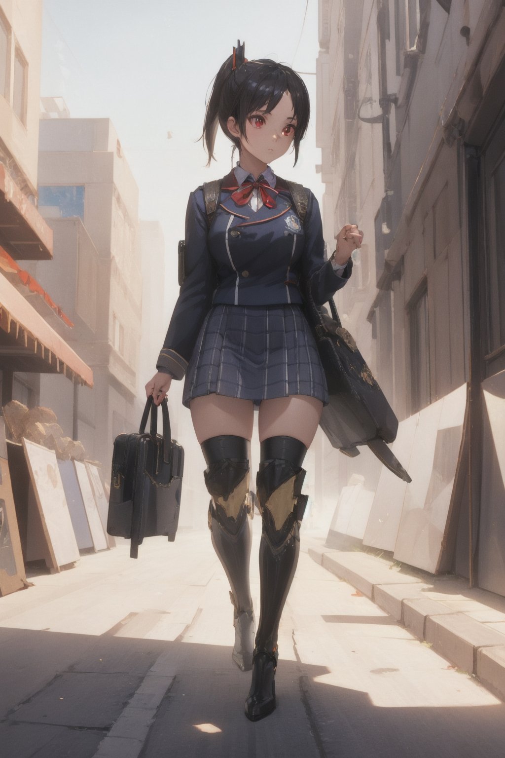 1girl, School Girl, Red Eyes, Short Ponytail black Hair, Red Ribbon, Student Uniform Outfit, Uniform Short Skirt, Kneesock , Black Stocking, Armor Thick Boot , School Bag, Left Leg Bag, Walking among the crowd, On the Junction Road, Big City, Market, look beyond the sky , massive sky building in the background , Sunset Time, ((Best quality)), ((masterpiece)), 3D, HDR (High Dynamic Range),Ray Tracing, NVIDIA RTX, Super-Resolution, Unreal 5,Subsurface scattering, PBR Texturing, Post-processing, Anisotropic Filtering, Depth-of-field, Maximum clarity and sharpness, Multi-layered textures, Albedo and Specular maps, Surface shading, Accurate simulation of light-material interaction, Perfect proportions, Octane Render, Two-tone lighting, Wide aperture, Low ISO, White balance, Rule of thirds,8K RAW, Aura, masterpiece, best quality, Mysterious expression, magical effects like sparkles or energy, flowing robes or enchanting attire, mechanic creatures or mystical background, rim lighting, side lighting, cinematic light, ultra high res, 8k uhd, film grain, best shadow, delicate, RAW, light particles, detailed skin texture, detailed cloth texture, beautiful face, (masterpiece), best quality, expressive eyes, perfect face,