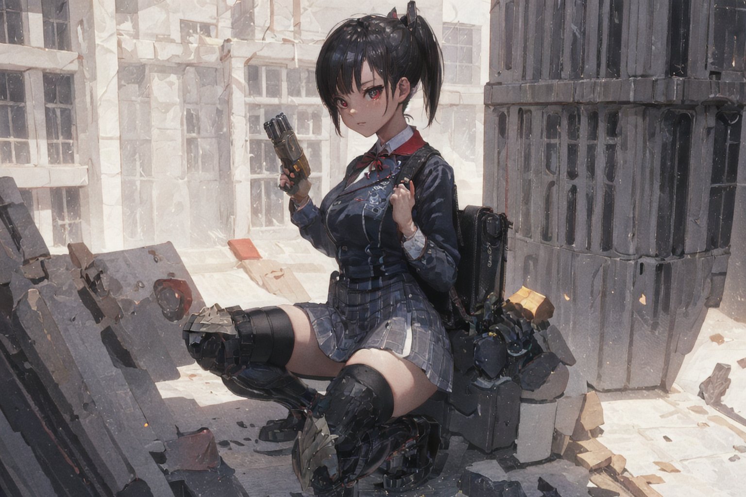 1girl, School Girl, Red Eyes, Short Ponytail black Hair, Red Ribbon, Student Uniform Outfit, Uniform Short Skirt, Kneesock , Black Stocking, Armor Thick Boot , School Bag, Left Leg Bag, Funnel, Remote Weapon, Sit on the water tank on the roof top of building, look beyond the sky , massive sky building in the background , Sunset Time, ((Best quality)), ((masterpiece)), 3D, HDR (High Dynamic Range),Ray Tracing, NVIDIA RTX, Super-Resolution, Unreal 5,Subsurface scattering, PBR Texturing, Post-processing, Anisotropic Filtering, Depth-of-field, Maximum clarity and sharpness, Multi-layered textures, Albedo and Specular maps, Surface shading, Accurate simulation of light-material interaction, Perfect proportions, Octane Render, Two-tone lighting, Wide aperture, Low ISO, White balance, Rule of thirds,8K RAW, Aura, masterpiece, best quality, Mysterious expression, magical effects like sparkles or energy, flowing robes or enchanting attire, mechanic creatures or mystical background, rim lighting, side lighting, cinematic light, ultra high res, 8k uhd, film grain, best shadow, delicate, RAW, light particles, detailed skin texture, detailed cloth texture, beautiful face, (masterpiece), best quality, expressive eyes, perfect face,