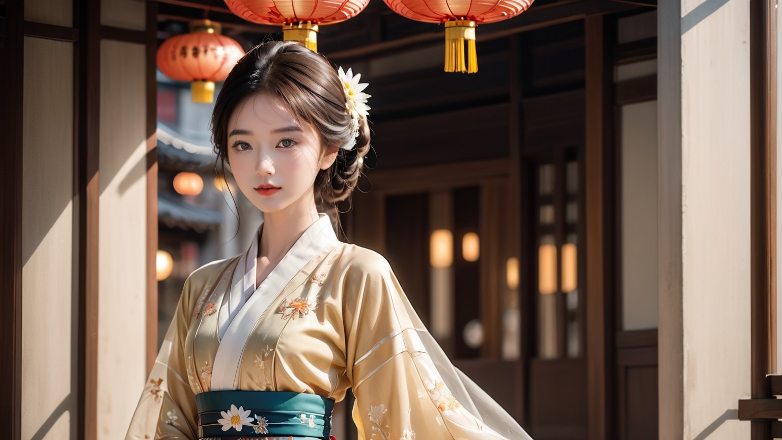 ((full body shot):1.3) with low angle, award-winning photography, hyperrealism, detailed face, symmetric face, bright eyes, glamorous v-shaped face, Chrysanthemum personification, an ethereal breathtakingly beautiful 17-years-old japanese girl in hanfu, exquisite hanfu attire, 1girl walking in a business district, perfect model body, translucent appearance, pronounced facial features, hasselbald 503CW, LinkGirl