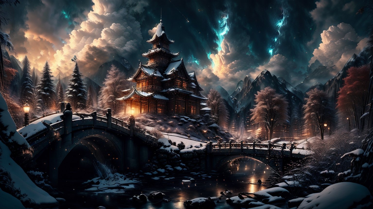 masterpiece, best quality, ultra, outdoor, snow, clouds, wind, glow, mysterious, detailed, wonder, imagination, realism, naturalism, myth, fairy tale, folklore, legend, fantasy world, composition, proportion, Long shot, medium shot, background, perspective, light, color, texture, detail, beauty, wonder, matte painting, height, dynamic light and shadow, cinema, realism, sunset, detail, highlight, denoising, center. , magnificent, epic, night sky, a Chinese medicine doctor