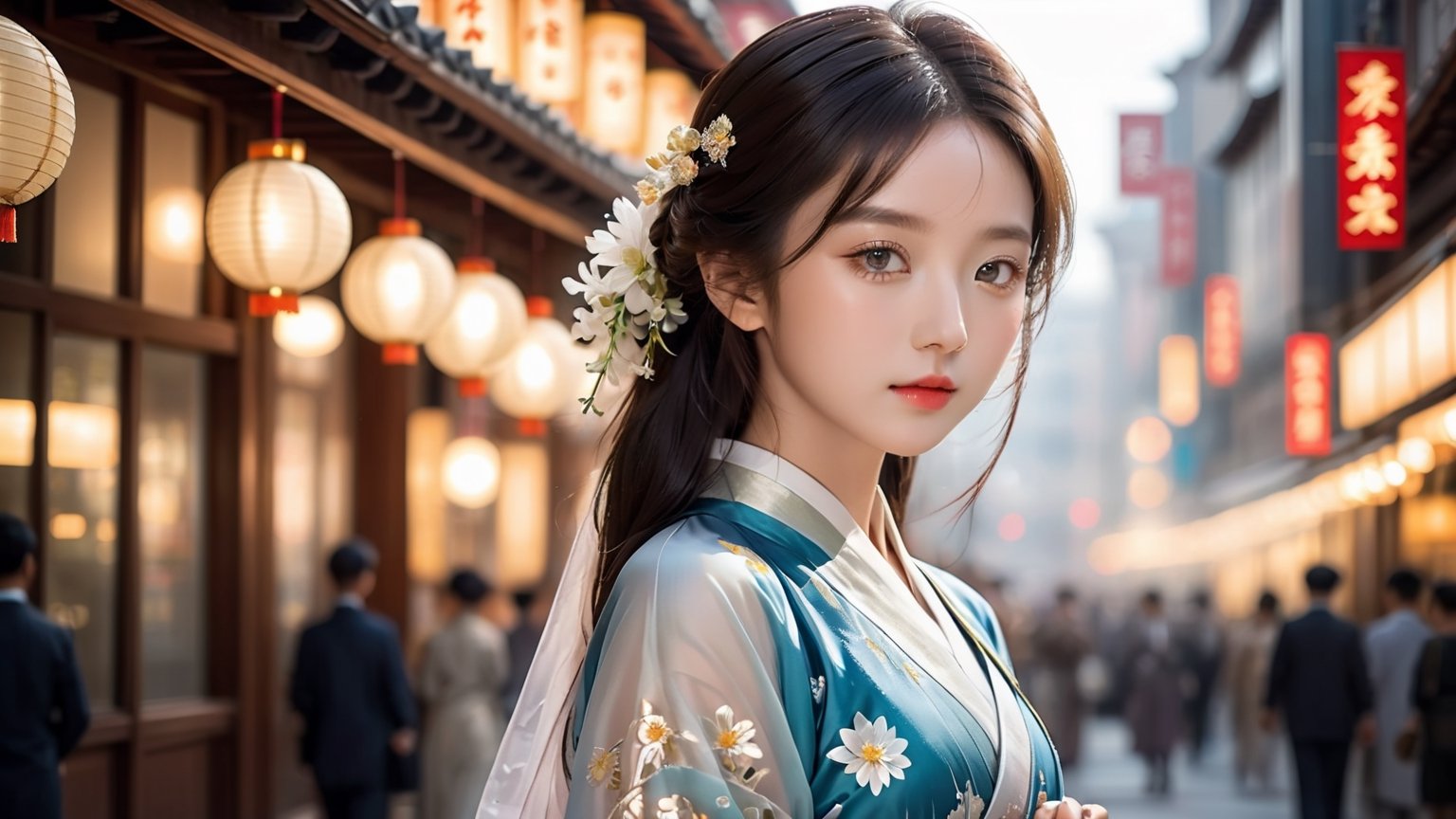 ((full body shot):1.3) with low angle, award-winning photography, hyperrealism, detailed face, symmetric face, bright eyes, glamorous v-shaped face, Chrysanthemum personification, an ethereal breathtakingly beautiful 17-years-old japanese girl in hanfu, exquisite hanfu attire, 1girl walking in a business district, perfect model body, translucent appearance, pronounced facial features, hasselbald 503CW, LinkGirl