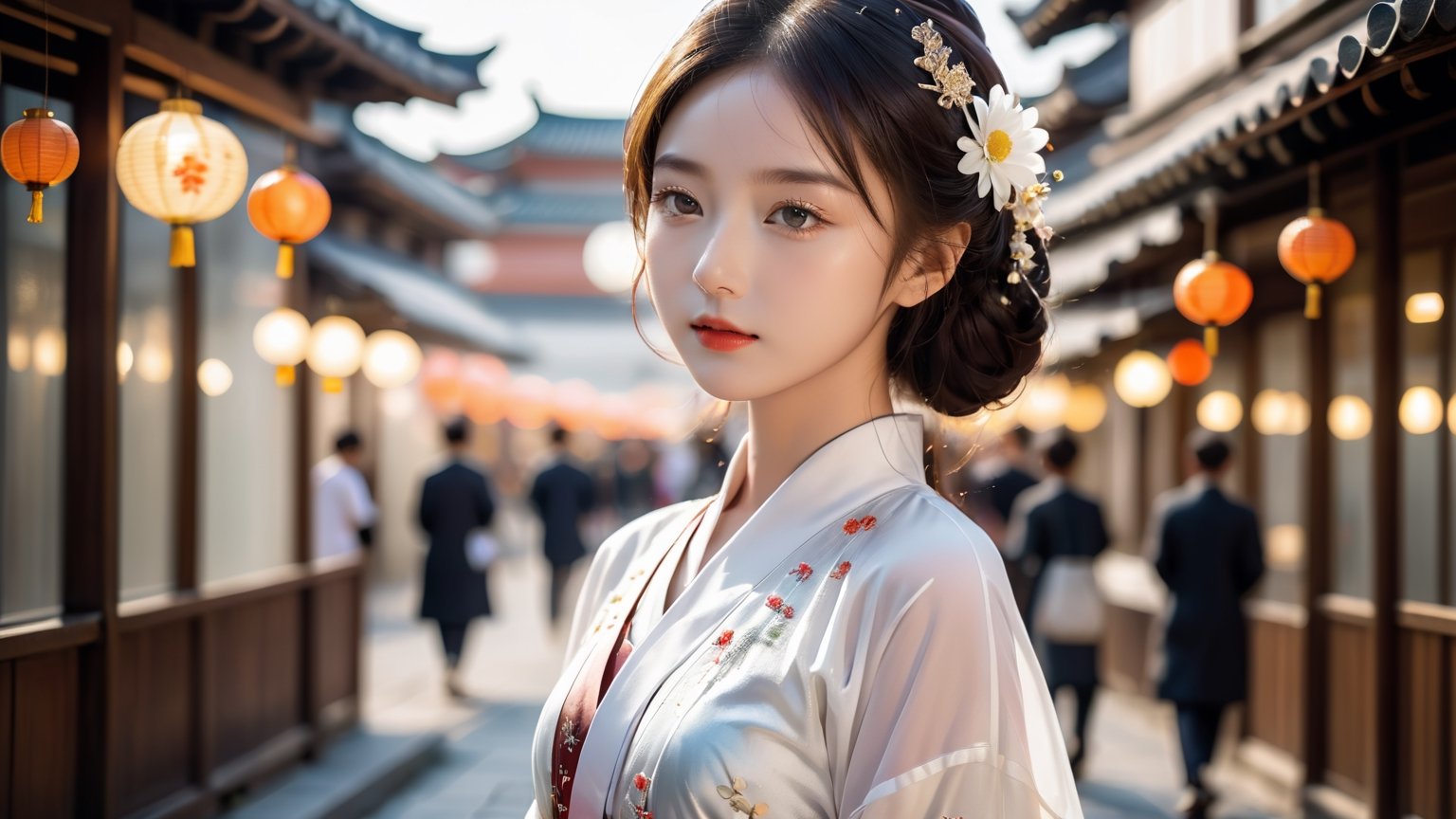 ((full body shot):1.3) with low angle, award-winning photography, hyperrealism, detailed face, symmetric face, bright eyes, glamorous v-shaped face, Chrysanthemum personification, an ethereal breathtakingly beautiful 17-years-old japanese girl in hanfu, exquisite hanfu attire, 1girl walking in a business district, perfect model body, translucent appearance, pronounced facial features, hasselbald 503CW, LinkGirl