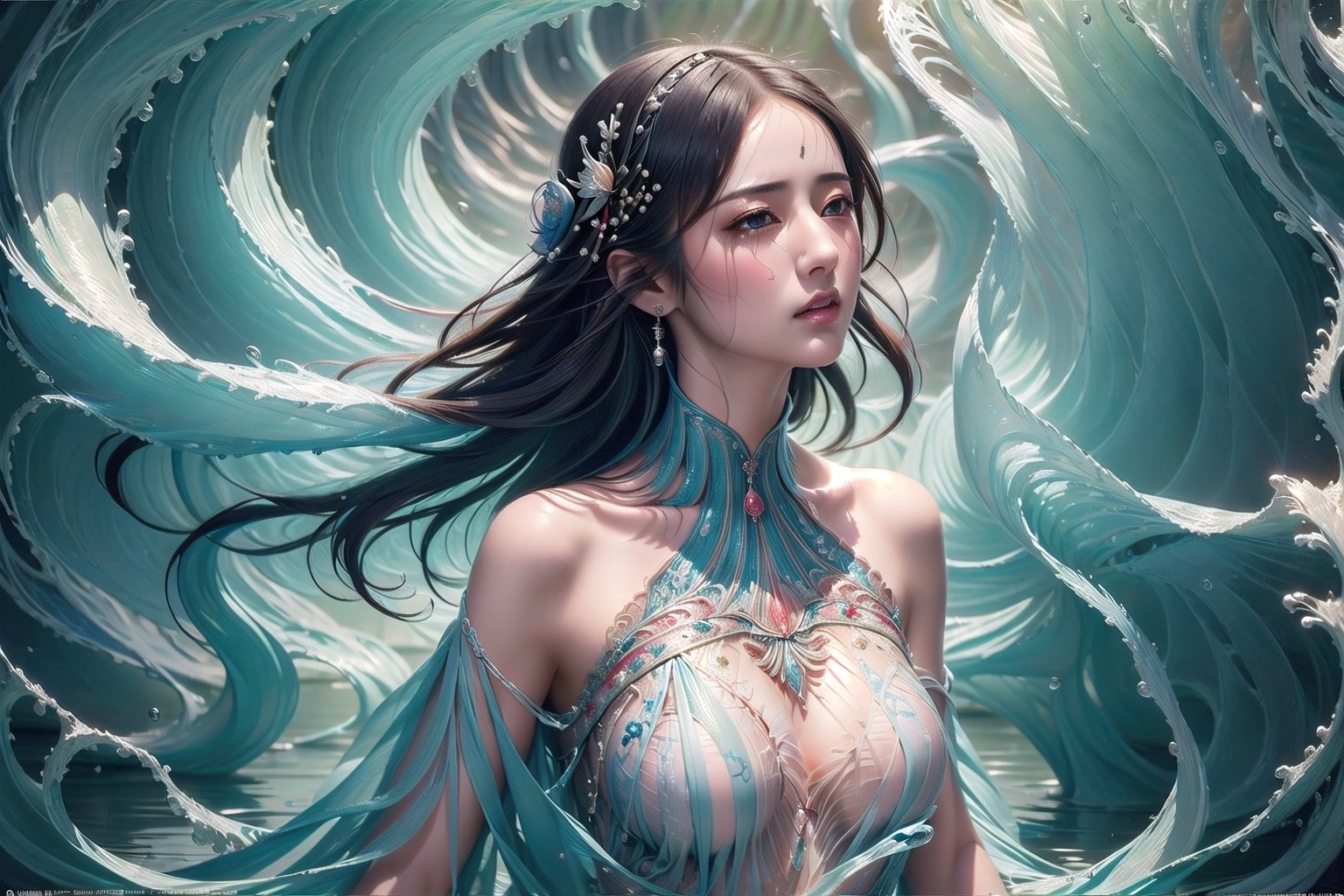 (Masterpiece, Top Quality, Best Quality, Official Art, Beauty and Aesthetics: 1.2), (1 Girl Crying by the Lake), Extremely Detailed, (Abstract, Fractal Art: 1.3), Supreme Detailed, Detailed Eyes, Light particles, red Hanfu, tulle, jewelry, sexy, (NSFW),gonggongshi