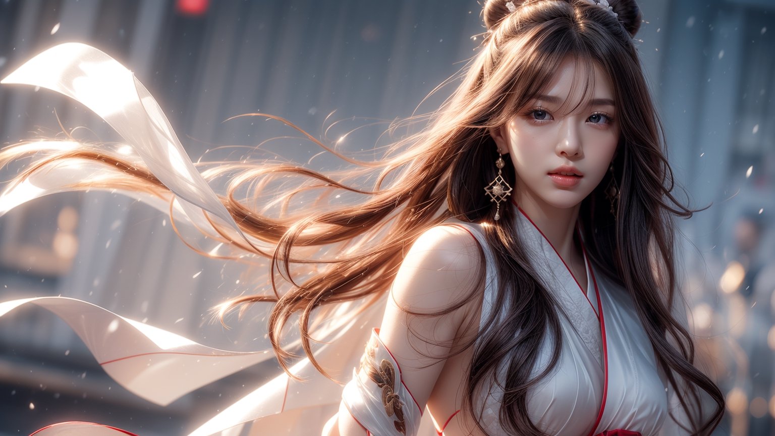 The background is midnight sky,big blue moon,dark night,snow blowing,16 yo, 1 girl,sword,halo,shining bracelet,beautiful hanfu(white, transparent),cape, cloth blowing in wind, solo, {beautiful and detailed eyes}, calm expression, natural and soft light, delicate facial features, cute japanese idol, very small earrings, ((model pose)), Glamor body type, (dark hair:1.2),  beehive,big bun,very_long_hair, hair past hip, curly hair, flim grain, realhands, masterpiece, Best Quality, photorealistic, ultra-detailed, finely detailed, high resolution, perfect dynamic composition, beautiful detailed eyes, eye smile, ((nervous and embarrassed)), sharp-focus, full_body, sexy pose,cowboy_shot,ruanyi0060