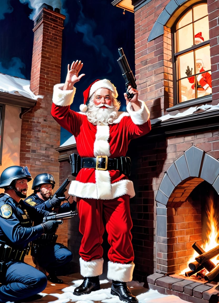 Photo of Santa,  both hands up in air in surrender,  standing beside a chimney with police SWAT team pointing their guns a...
