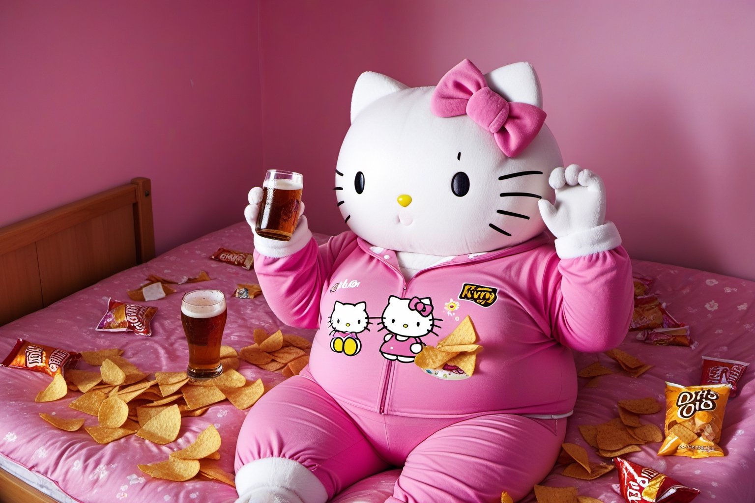 Photo of an obese Hello Kitty in Pink Pijama drinking beer. Discarded chips and Doritos all around her bedroom. by NobodyB...