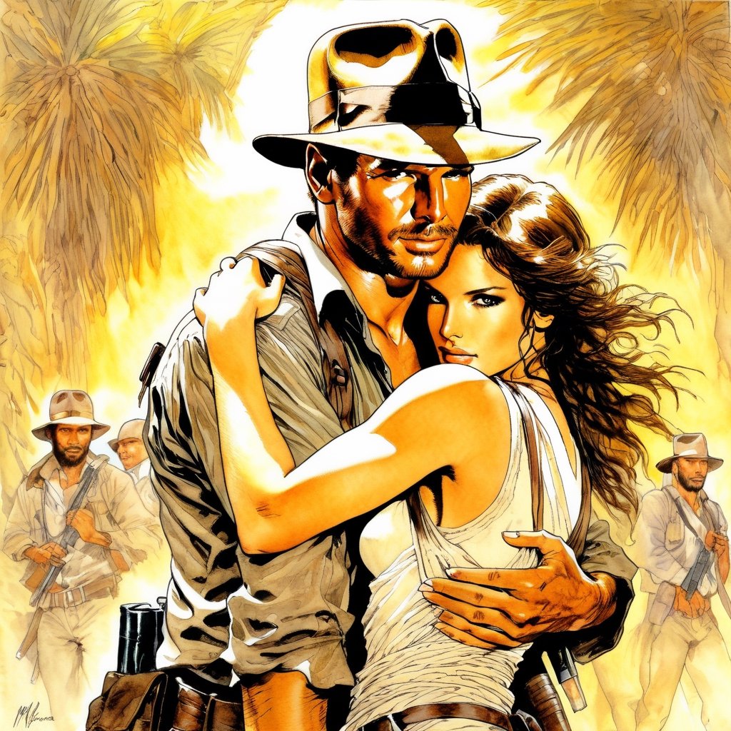 Indiana Jones hugging Lara Croft,  art by Milo Manara,  highly detailed by NobodyButMeow on Tensor.Art