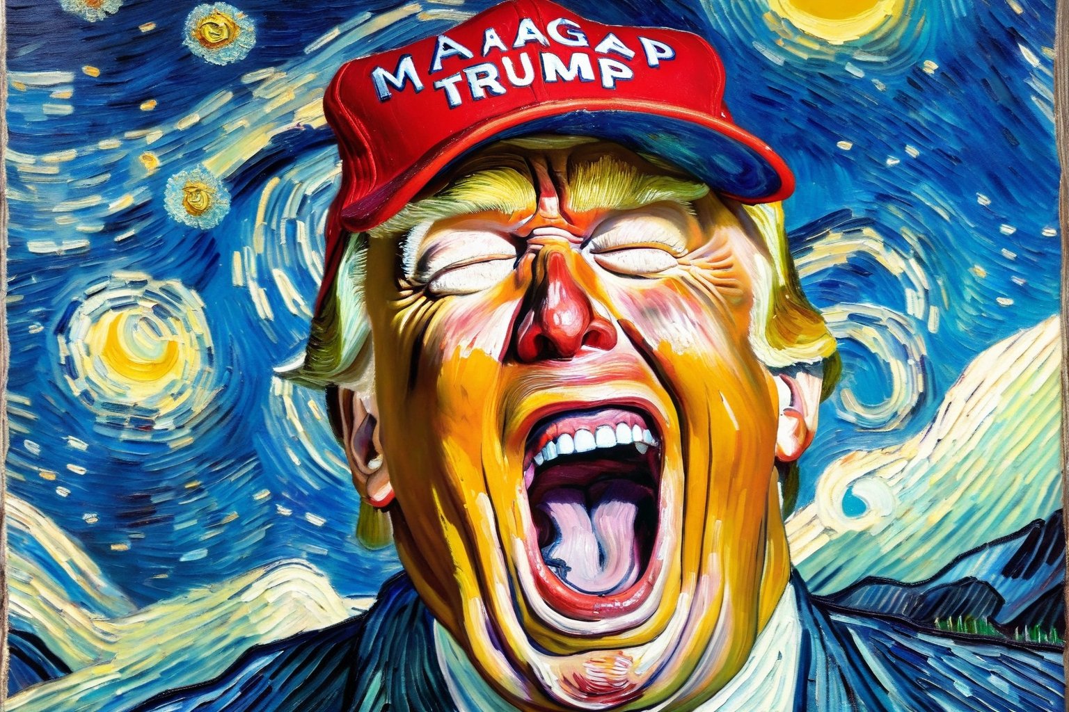 v0ng44g, p0rtr14t, a painting Close up of Donald Trump laughing with his mouth open, wearing MAGA baseball cap, by van Gogh