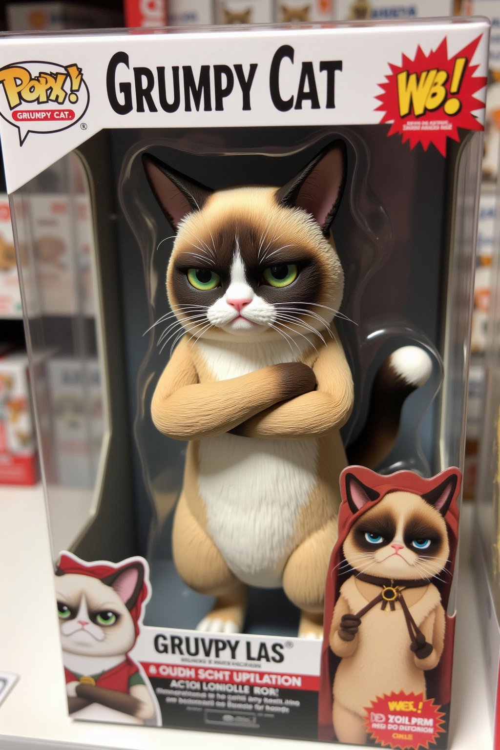 The image is a photograph of a boxed action figure from the "Grumpy Cat" line, featuring a character named Grumpy Cat.

The main figure is Grumpy Cat, in his signature grumpy pose, arms crossed, with a furrowed brow. 

The box the figure is in has the title "Grumpy Cat"

Extra text: "I had buzz once, it was awful"
