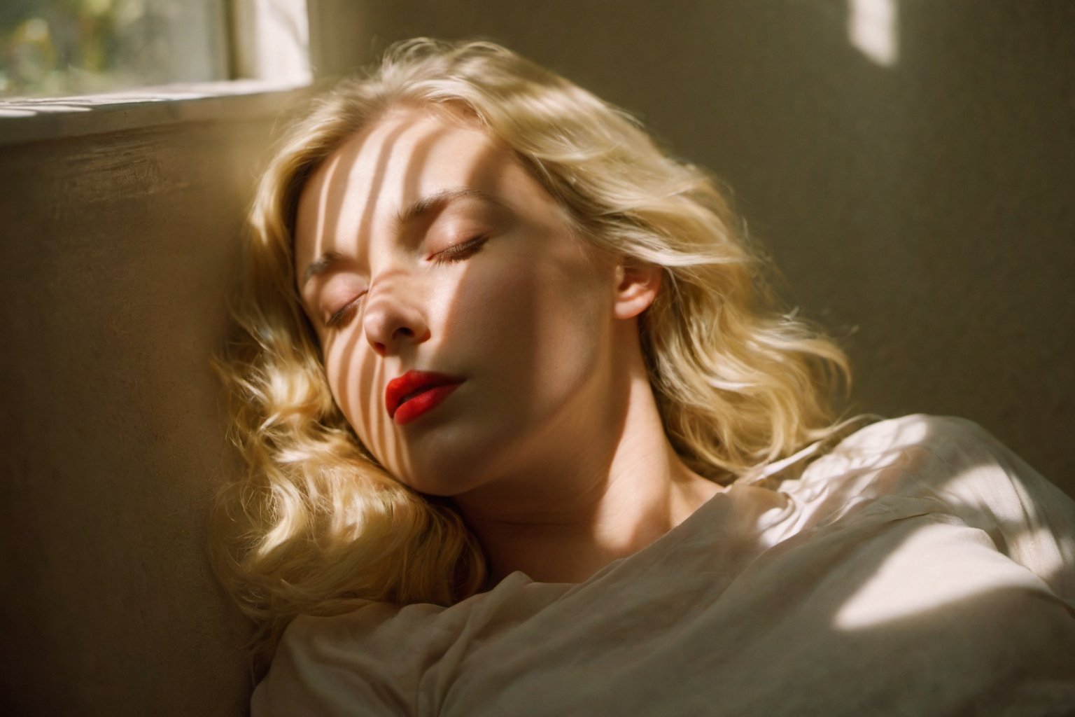 cinematic film still of a cucoloris patterned illumination casting a tree branch shadow a blonde woman,  sleeping peaceful...