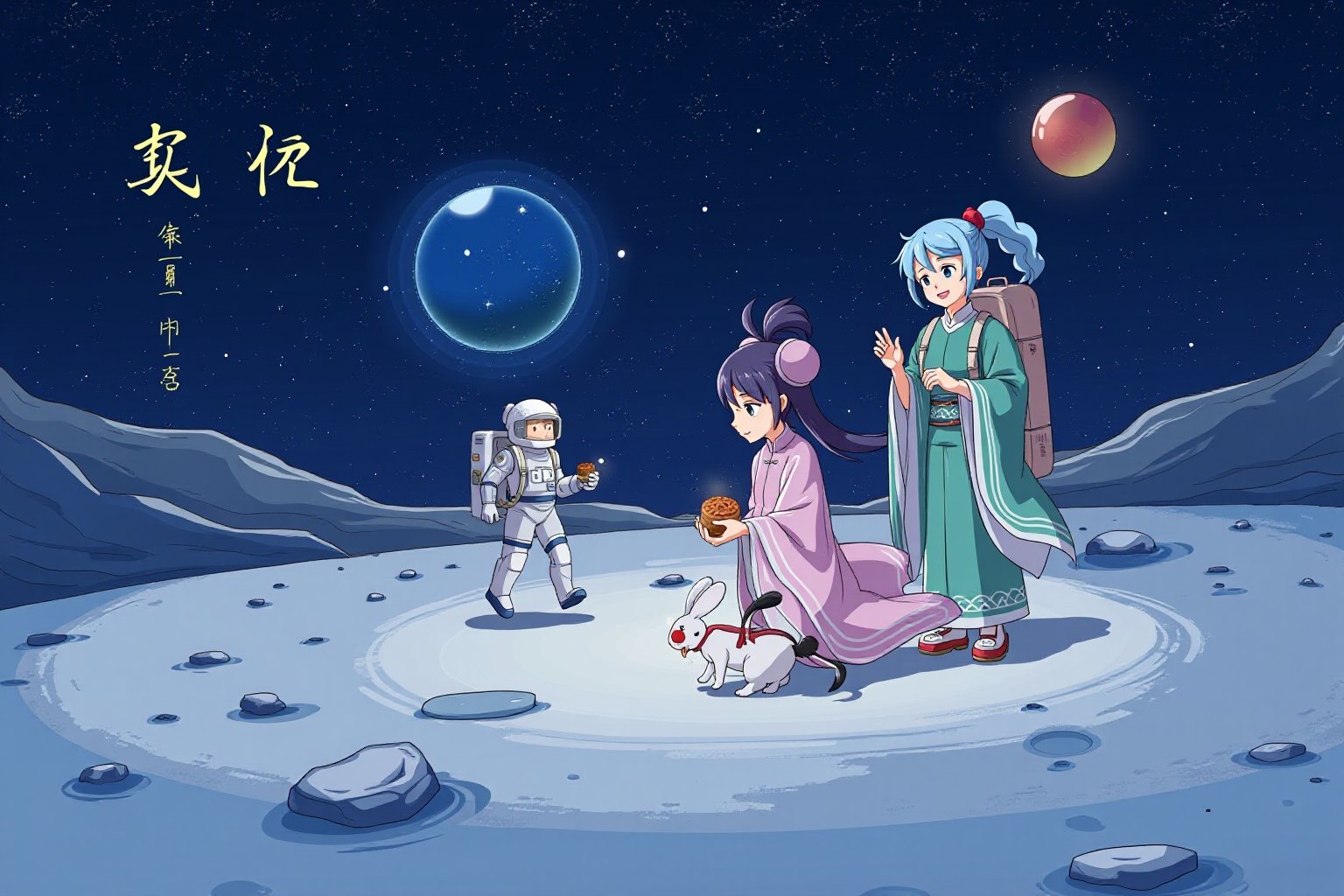 Prompt: Anime style by J.C. Leyndecker. lyn. iam. ando. An astronaut celebrating the Moon Festival on the surface of the m...