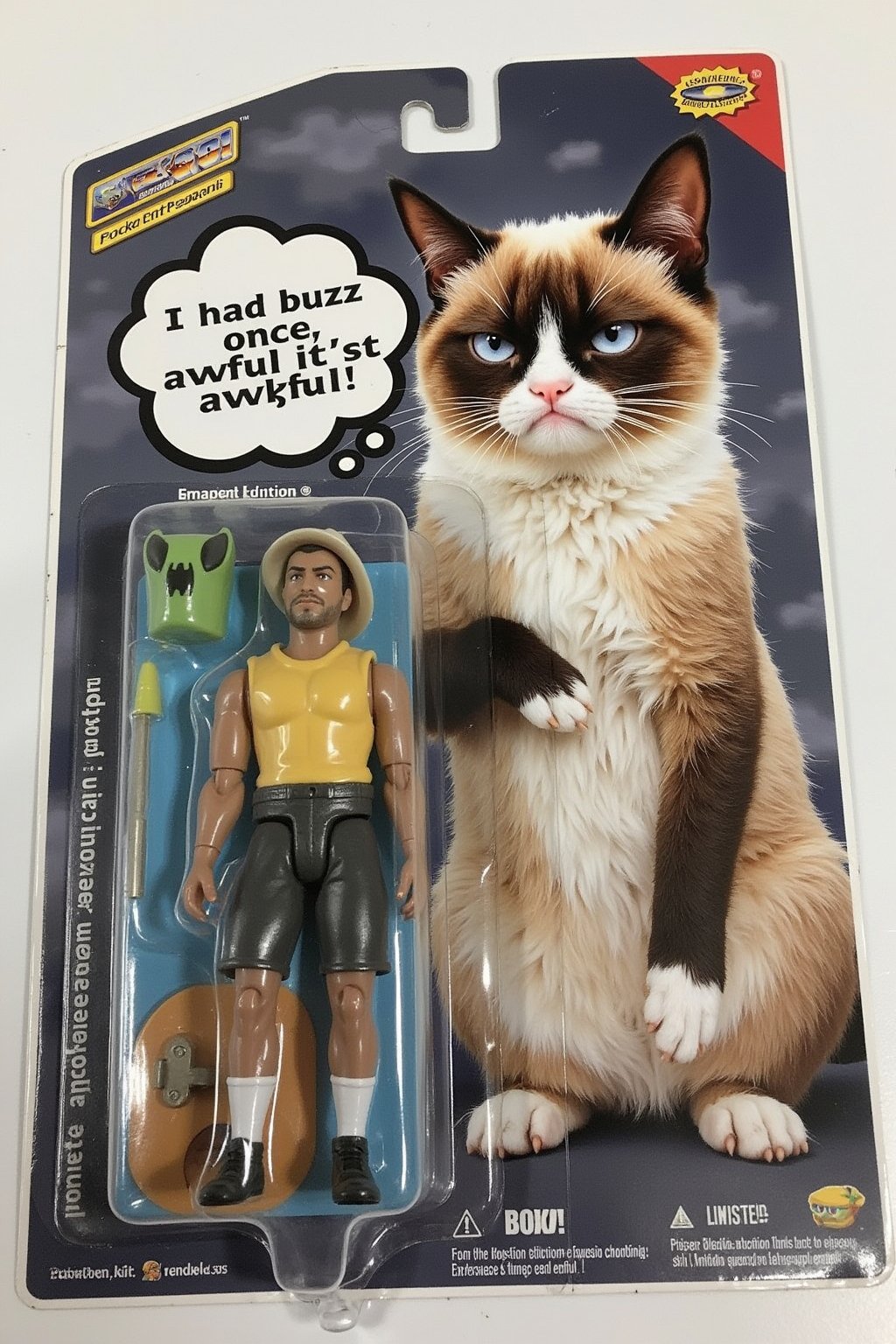 ral-afpacking. An unopened action figure package featuring Grumpy Cat with a furrowed brow. The blister pack shows the text bubble next to him saying, "I had buzz once, it was awful." The background inside the packaging is a dim, gray cloud pattern, amplifying the grumpiness. The package design also features sarcastic remarks and highlights of "limited-edition grumpiness" along the sides, with the tagline at the bottom: "No buzz, no nonsense, just grump."