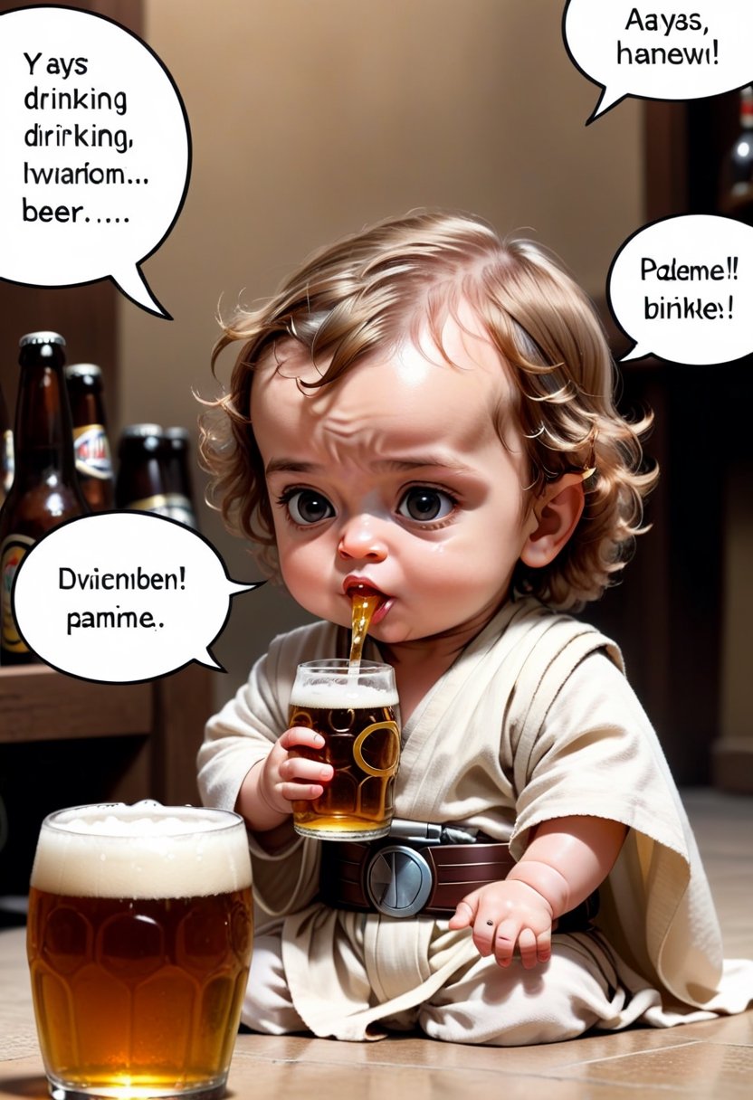 Baby Anaki Skywalker,  drinking beer ,  Comic strip speech bubble says "Padmé". by NobodyButMeow on Tensor.Art