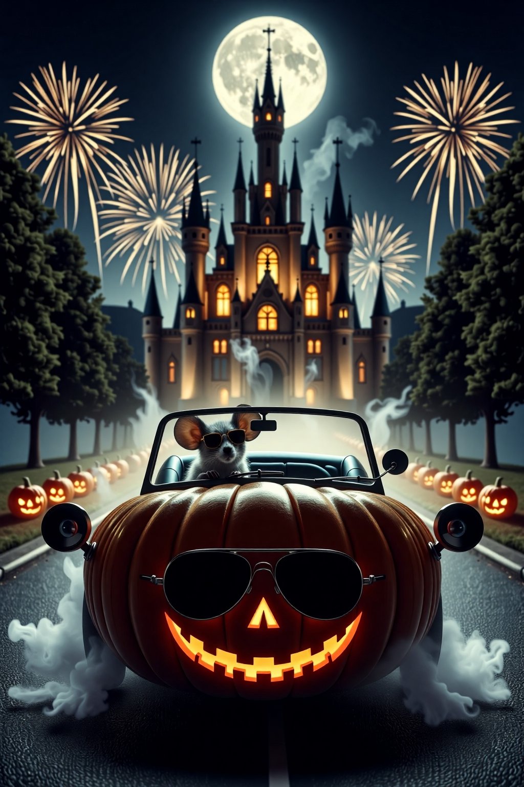 dark horror photography of a mouse and Cinderella driving pumpkin-shaped car as she heads to the ball. Cinderella, dressed in her sparkling blue gown, wears cool aviator sunglasses, adding a modern and edgy twist to her classic look. The car is round and shaped like a giant pumpkin. In the background, a majestic castle stands illuminated under the night sky, with bright fireworks bursting above it. The road leading to the castle is lined with glowing pumpkins, adding a magical touch. The vibe is a mix of fairytale magic and modern cool. Soft moonlight, vibrant fireworks, modern fairytale aesthetic, whimsical yet stylish.  smoke and gas spirit rising up. horror scary glowing,AHaunted,