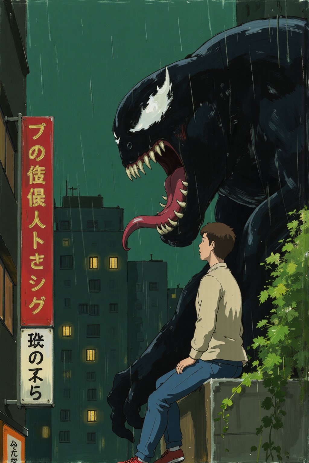 ghiblify anime. Sketch painting. ghiblistyle. A rainy night scene in a Japanese urban setting. A man in profile, is looking up at the looming and towering profile of Venom who advances on the same structure. The man wears a light beige long-sleeved shirt, blue jeans, and red shoes. Venom is depicted in his classic form: large, black, and muscular with a toothy grin, long red tongue, and white, menacing eyes. Heavy rain is falling and everyone is soaking wet. The background features a dense array of multi-story buildings with glowing windows and Japanese signage. Two vertical signs are prominent in the foreground. One, directly behind the man, is red with gold-colored characters (presumably Kanji). The other, on the lower left edge, is a lighter color with darker vertical text. The scene is filled with dark greens and blues, giving it a nocturnal and slightly melancholic atmosphere. Greenery, like vines and leafy plants, grows on the buildings and the structure where the man sits, contributing to the Ghibli aesthetic.,