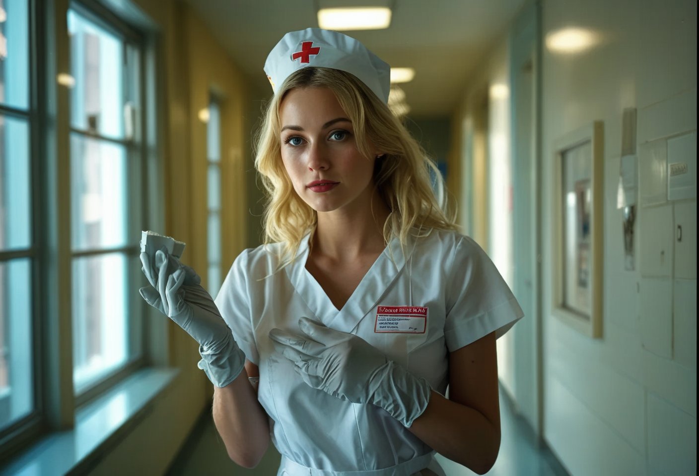 Photo of a blonde model dressed as a sexy nurse, putting on rubber gloves at a hospital, shadows