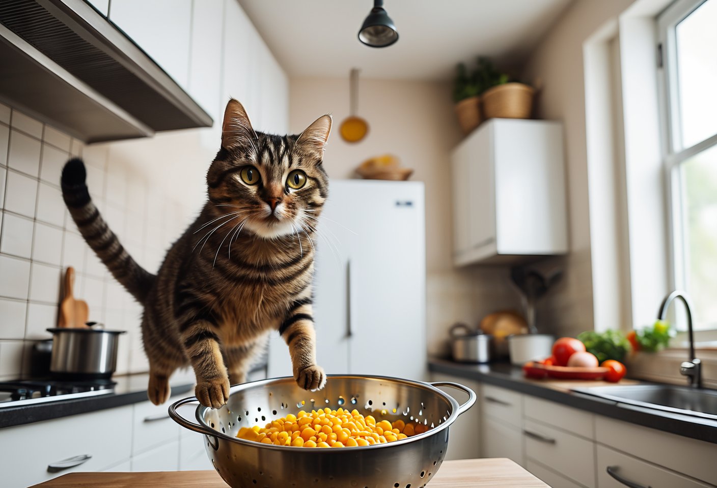 A cat riding a colander, floating in midair in the kitchen, shot from below