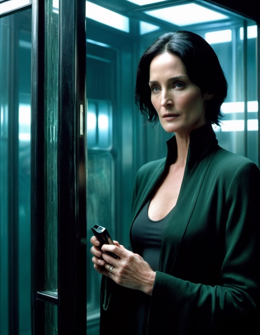 Cinematic Film Still. Carrie-Anne Moss as Trinity holding a phone,  inside a telephone booth,  reflection on glass by Nobo...
