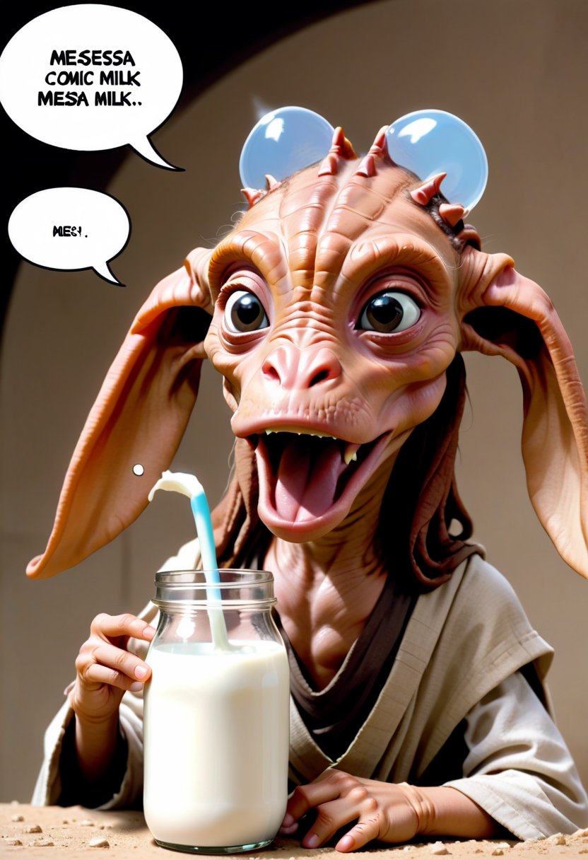 Baby Jar Jar Binks,  drinking milk,  Comic strip speech bubble says "MEESA MILK". by NobodyButMeow on Tensor.Art