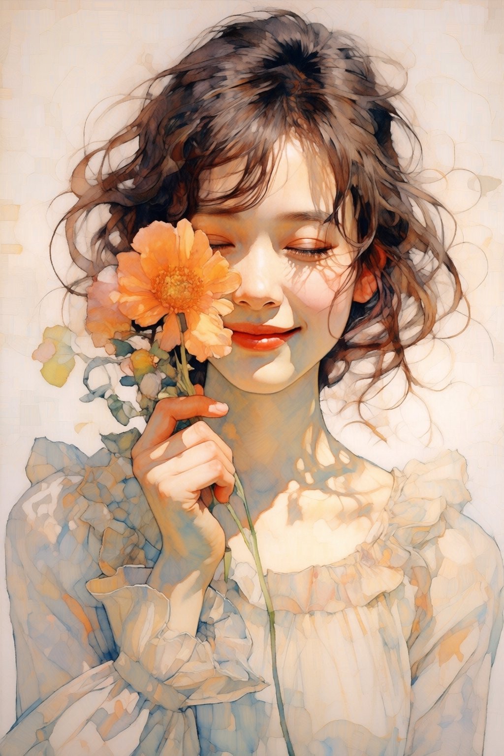 kaoruyamada2q painting. Frontal close-up view of a young woman with chin-length dark brown hair,  her head tilted slightly...