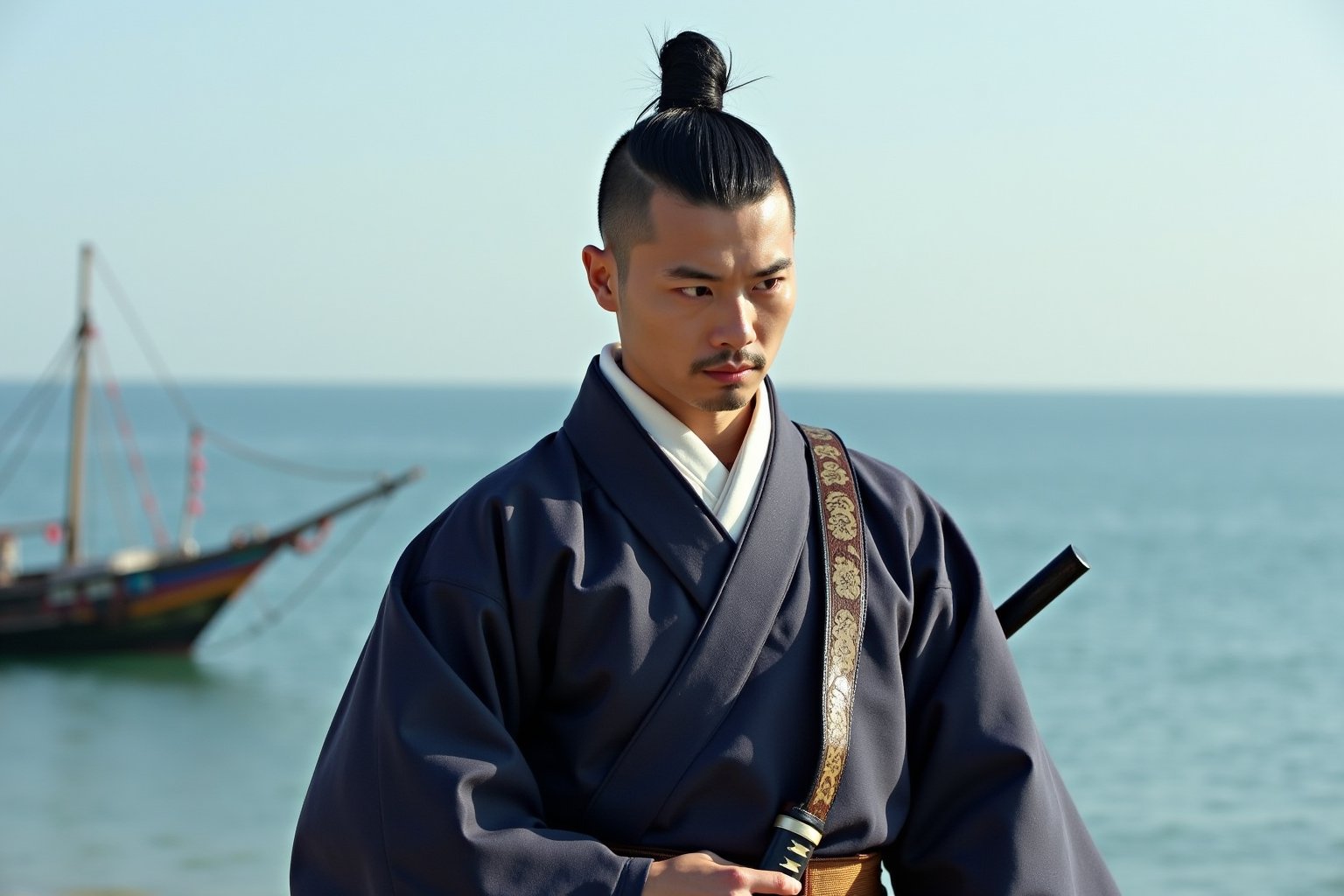 A Japanese man dressed as a Samurai, with a chonmage  haircut. His left hand are on the hilt of his sword hanging around his waist. Background is the sea with a fishing boat