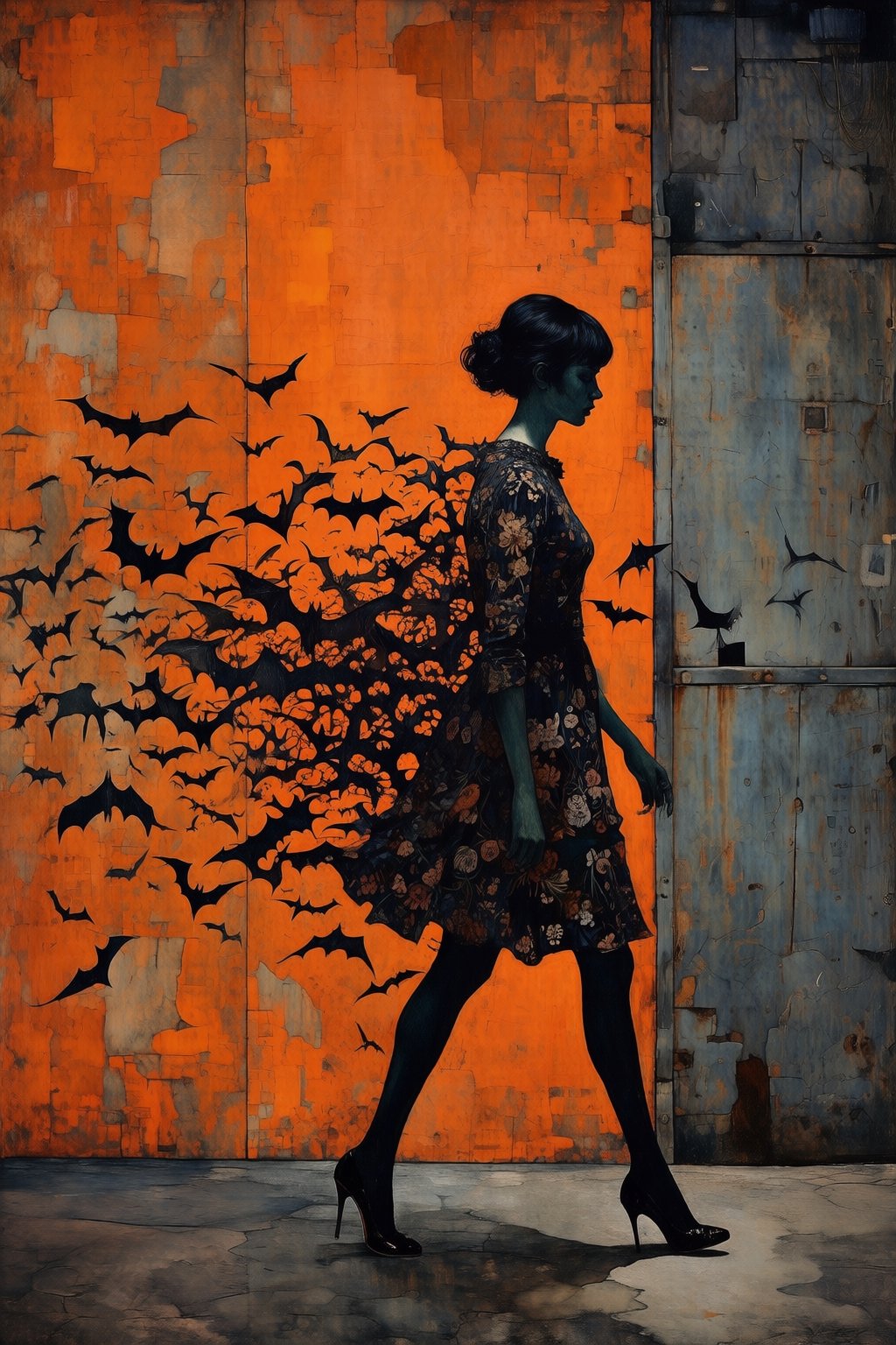 kaoruyamada2q painting. On the right is woman in side profile,  captured mid-stride as she walks toward a dark,  weathered...