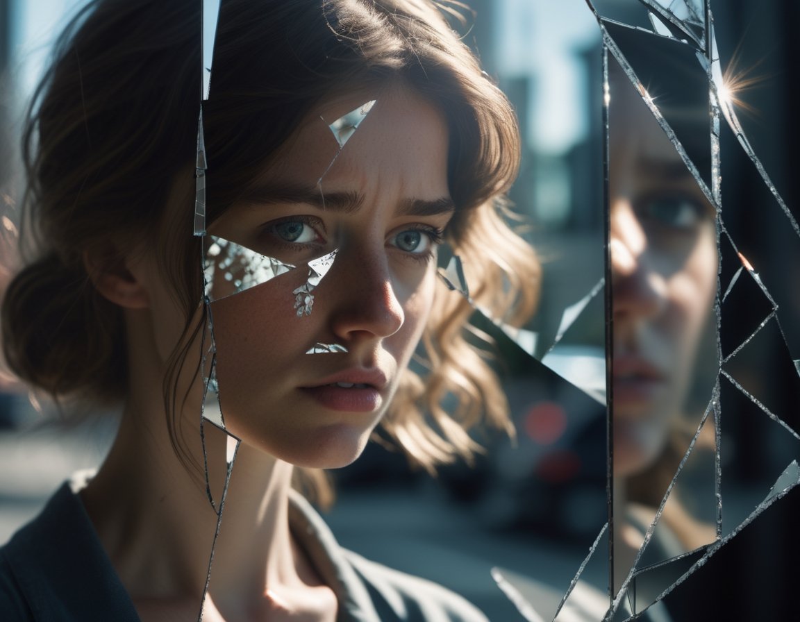 shattered mirror,  reflect,  girl's face,  cinematic shot + dynamic composition,  incredibly detailed,  sharpen,  details + intricate detail + professional lighting,  film lighting + 35mm + anamorphic + lightroom + cinematography + bokeh + lens flare + film grain + HDR10 + 8K + Roger Deakins,  ((cinematic))