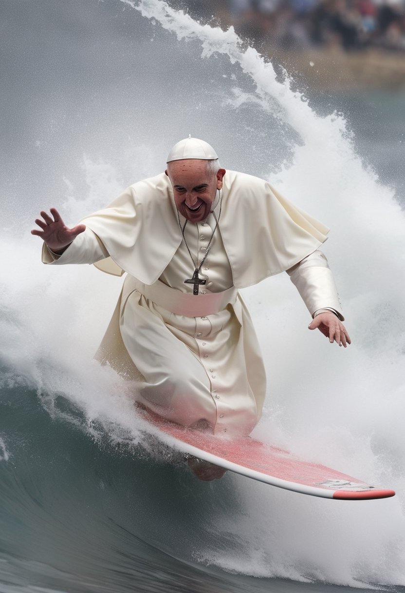 Close up of The pope Francis falling while surfing a big wave. action shot,  action shot by NobodyButMeow on Tensor.Art