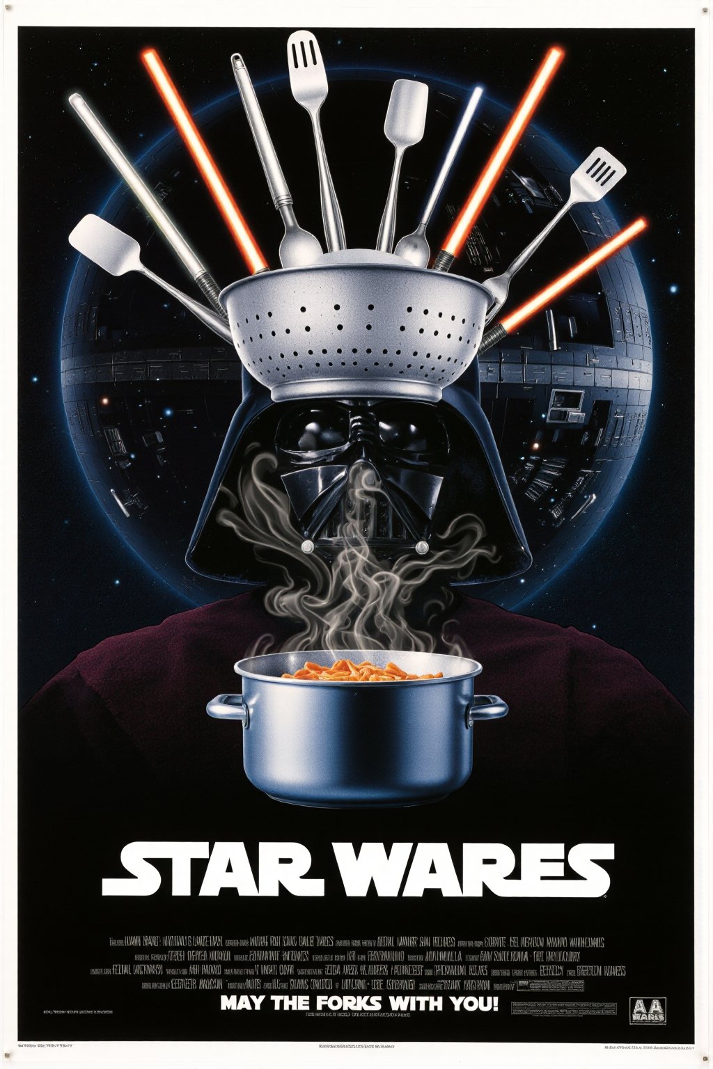 A vintage movie poster titled "STAR Wares,  " featuring Darth Vader with a kitchen colander hilariously replacing his icon...