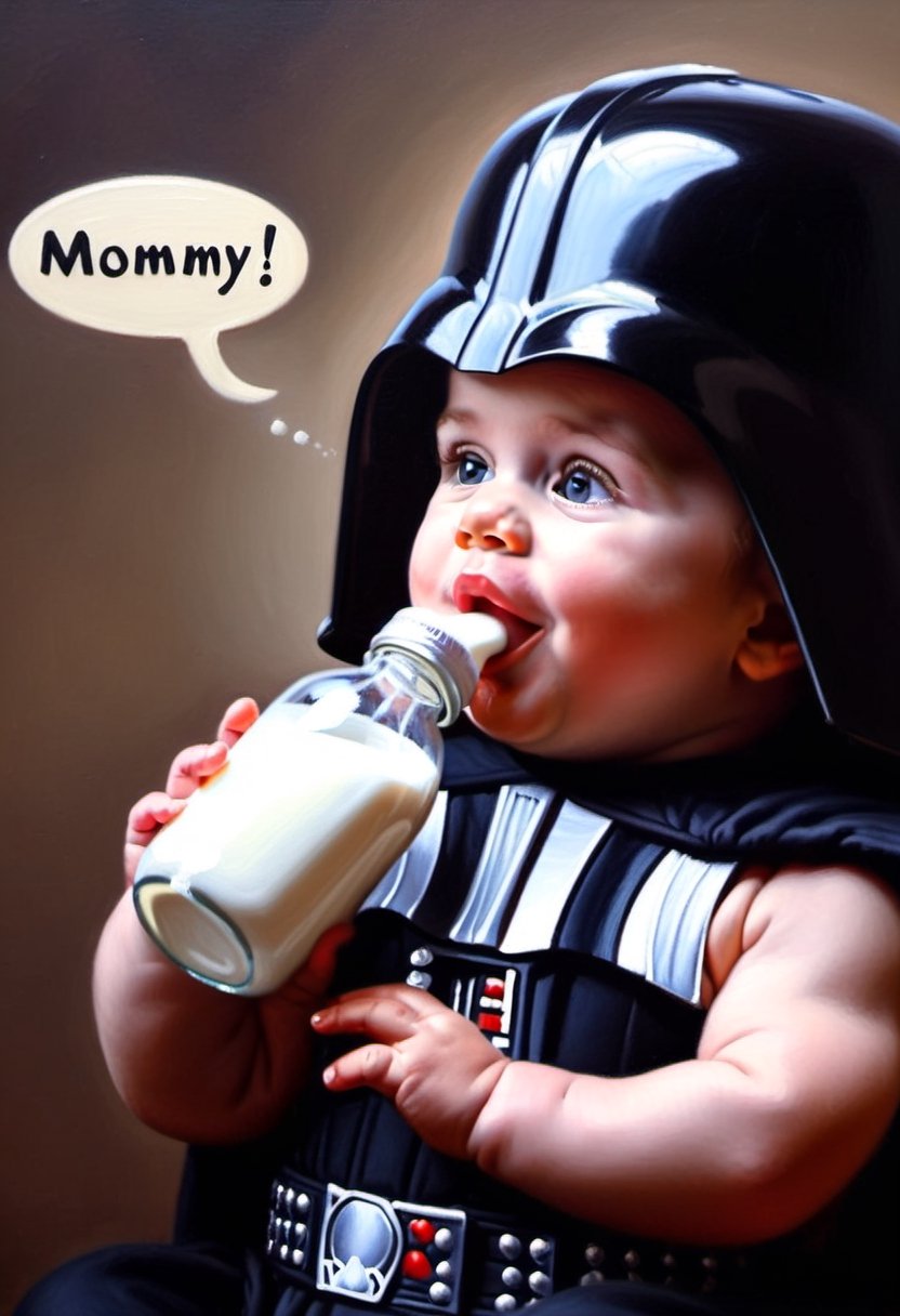 Oil painting of Baby wearing Darth Vader Helmet,  sucking on a bottle of milk,  Speech bubble spells the word "MOMMY" by N...