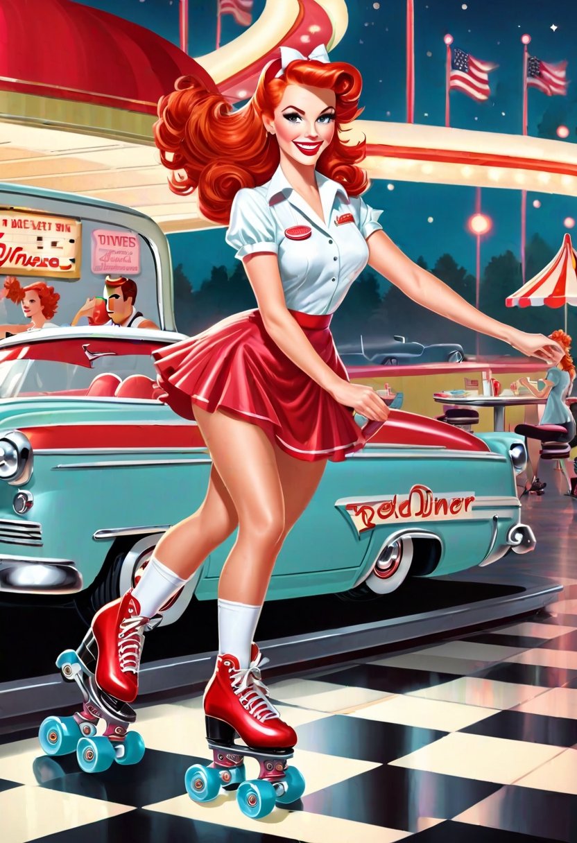 waitress,  red head,  roller skating by NobodyButMeow on Tensor.Art