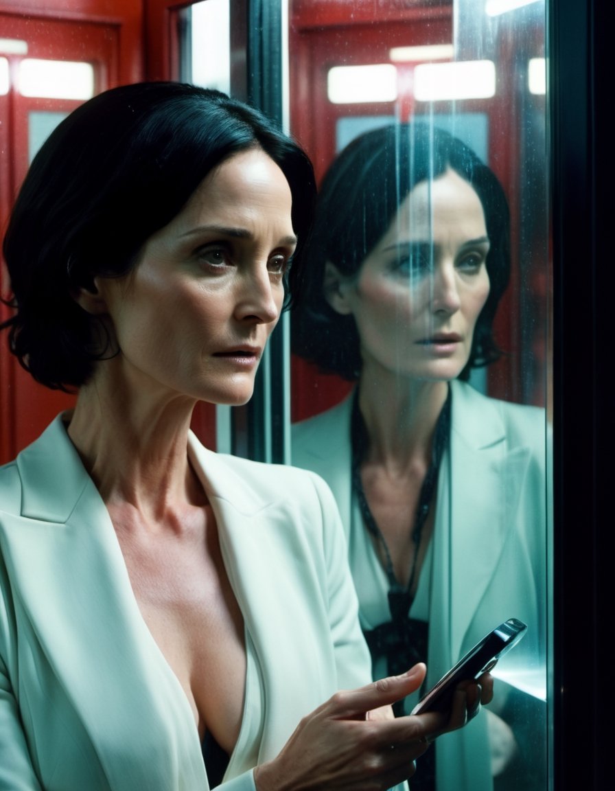 Cinematic Film Still. Carrie-Anne Moss as Trinity holding a phone,  inside a telephone booth,  reflection on glass by Nobo...