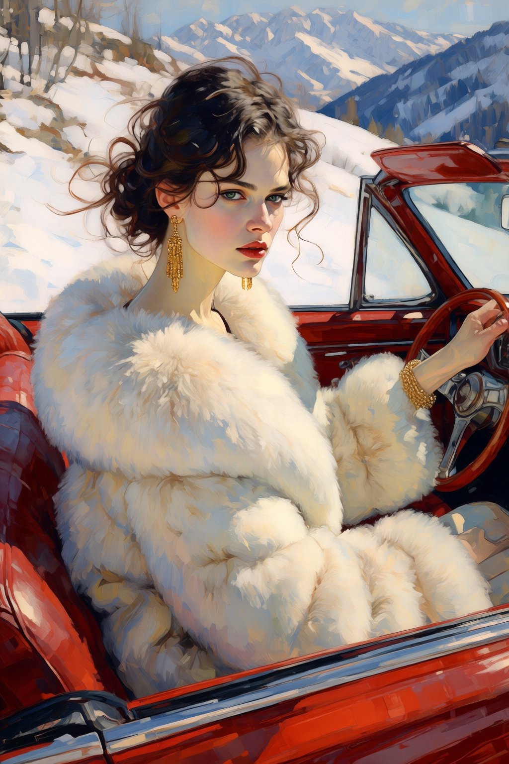 kaoruyamada2q painting. Outdoor image of a glamorous Russain model with tied back dark hair with a few loose strands,  loo...