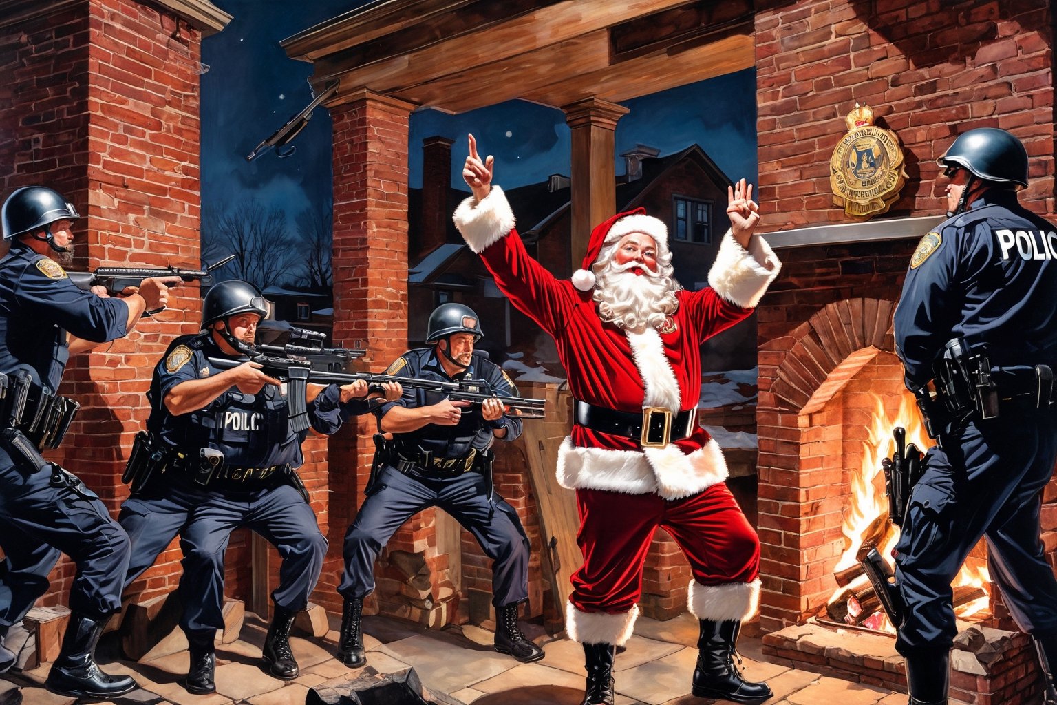 Photo of Santa,  both hands up in air in surrender,  standing beside a chimney with police SWAT team pointing their guns a...
