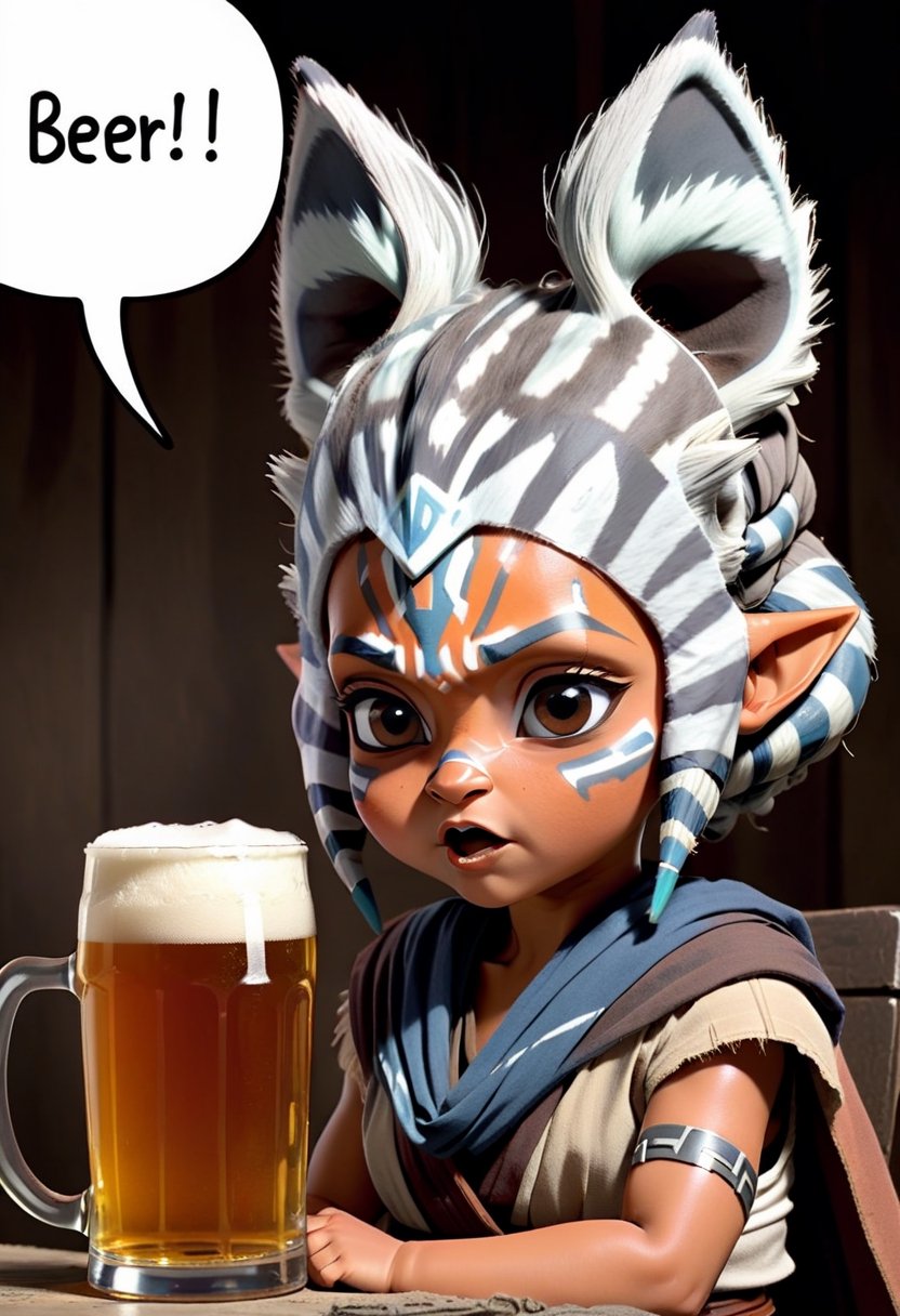 Baby Ahsoka Tano drinking beer ,  Comic strip speech bubble says "BEER!". by NobodyButMeow on Tensor.Art