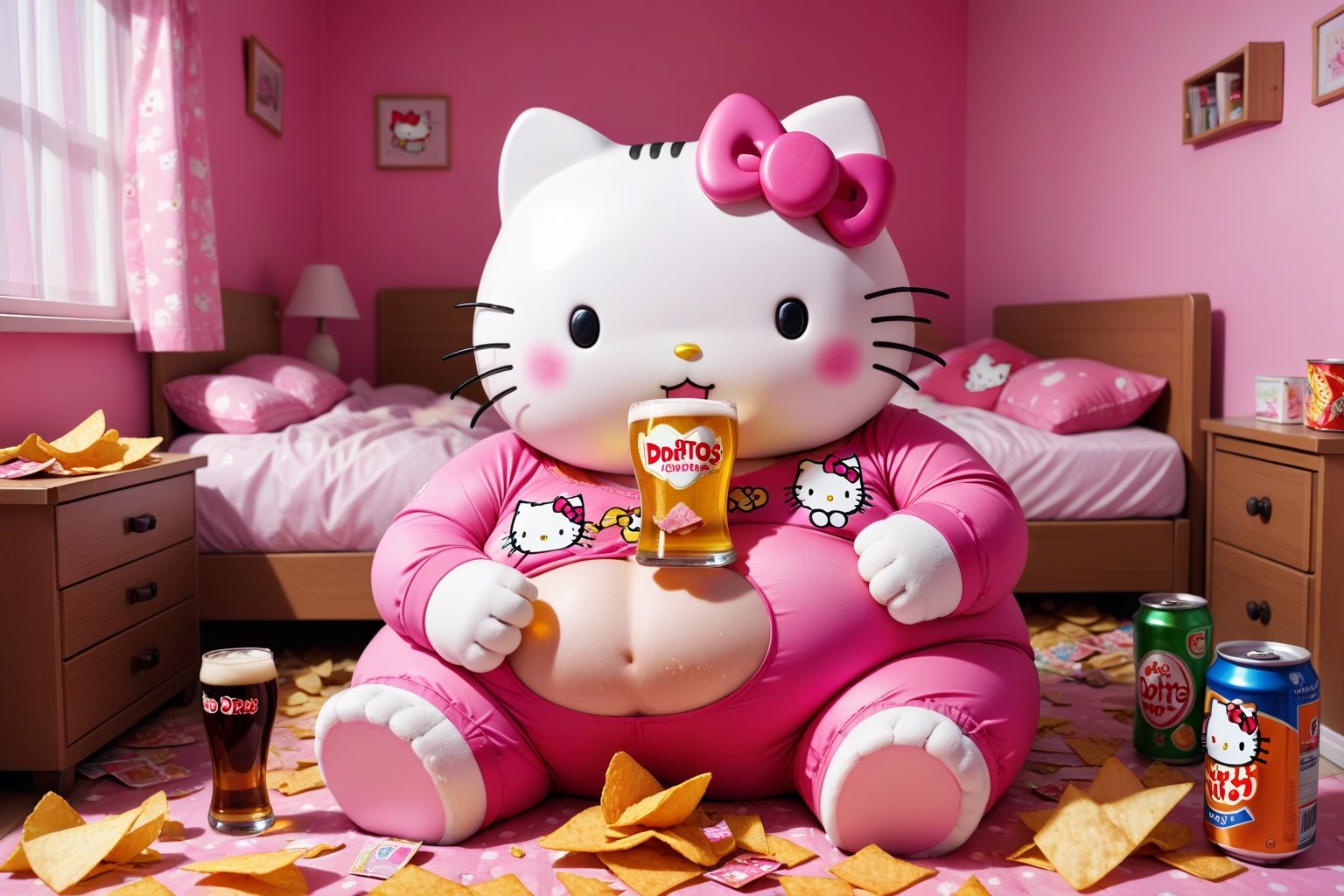 Photo of an obese Hello Kitty in Pink Pijama drinking beer. Discarded chips and Doritos all around her bedroom. by NobodyB...
