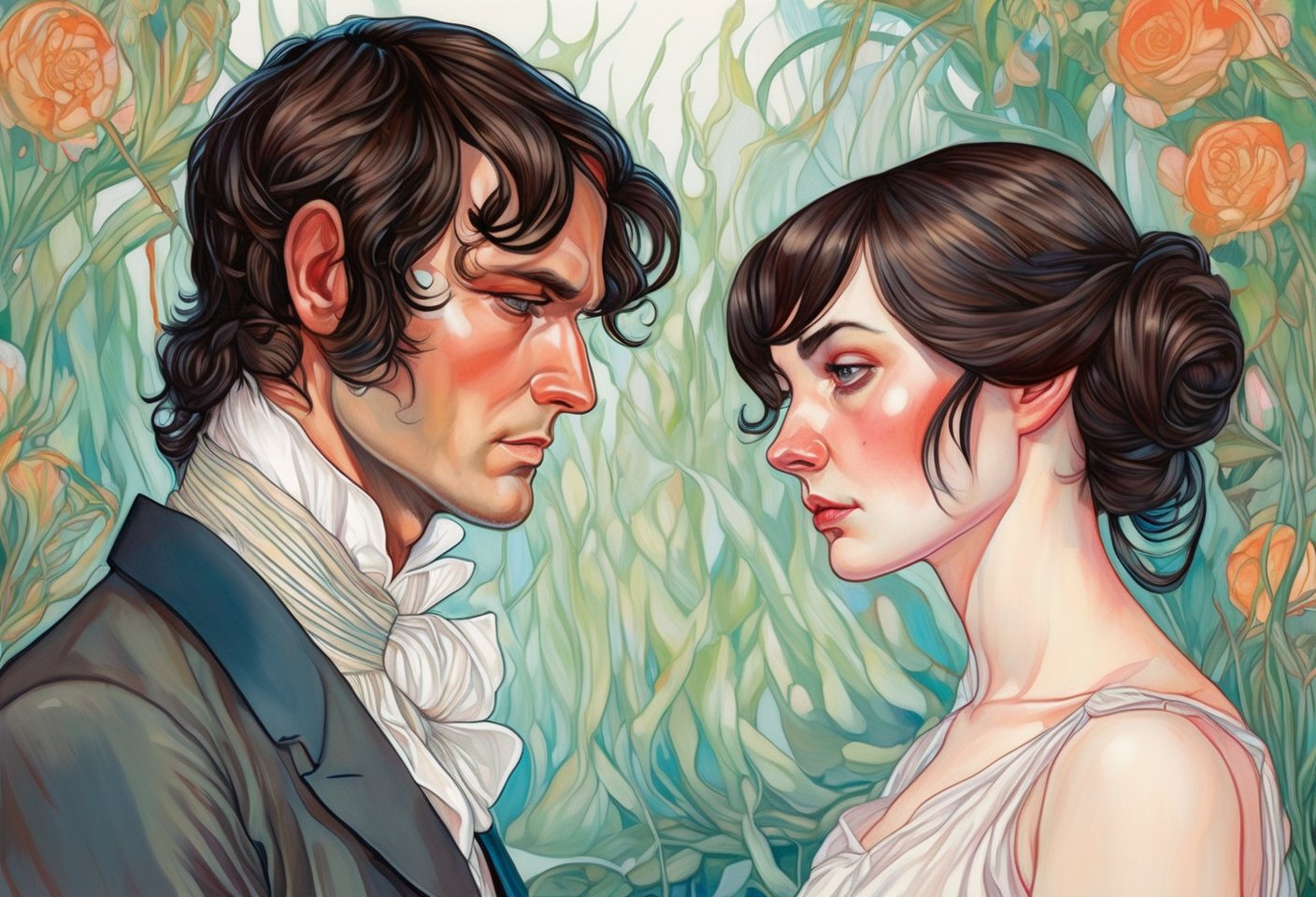 Art by Martine Johanna. A couple staring intensely at each other.  Elizabeth Bennet and Mr. Darcy from Pride and Prejudice