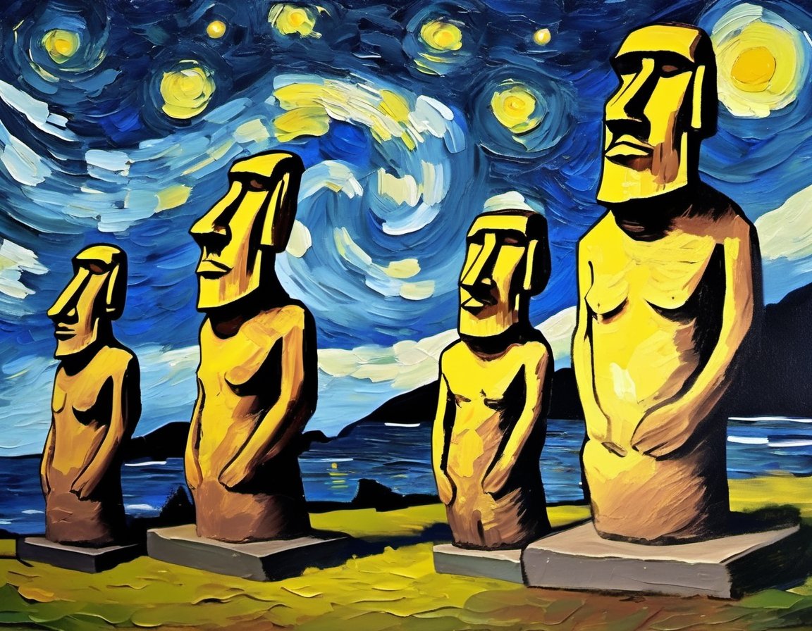 Oil painting Easter Island Statue, art by van Gogh, starry night backdrop heavy brush strokes,  v0ng44g,  p0rtr14t