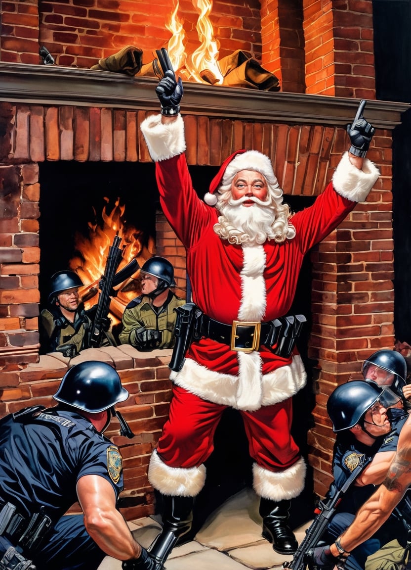 Photo of Santa,  both hands up in air in surrender,  standing beside a chimney with police SWAT team pointing their guns a...