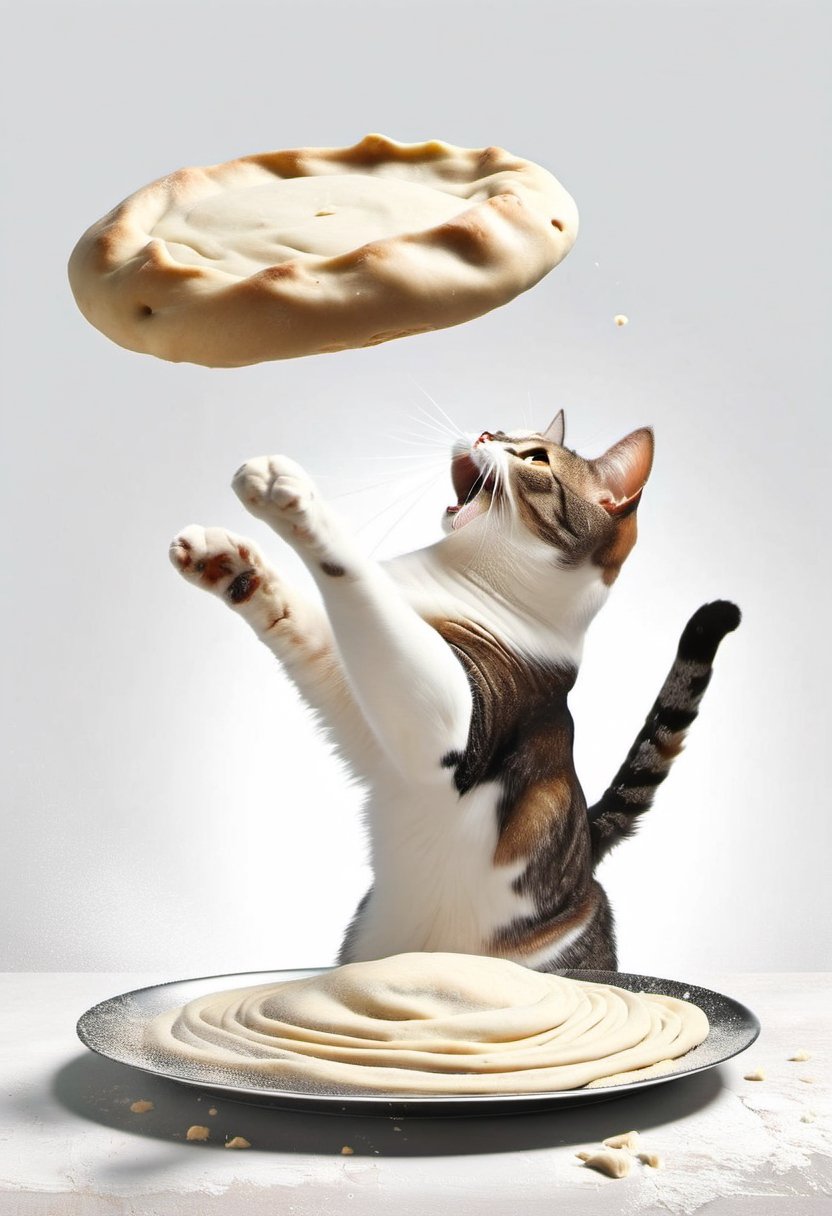 An Italian cat tossing a large disc shaped raw dough into the air