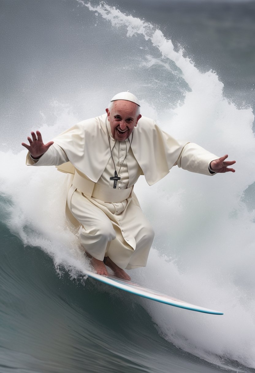 Close up of The pope Francis flipping while surfing a big wave. action shot,  action shot by NobodyButMeow on Tensor.Art