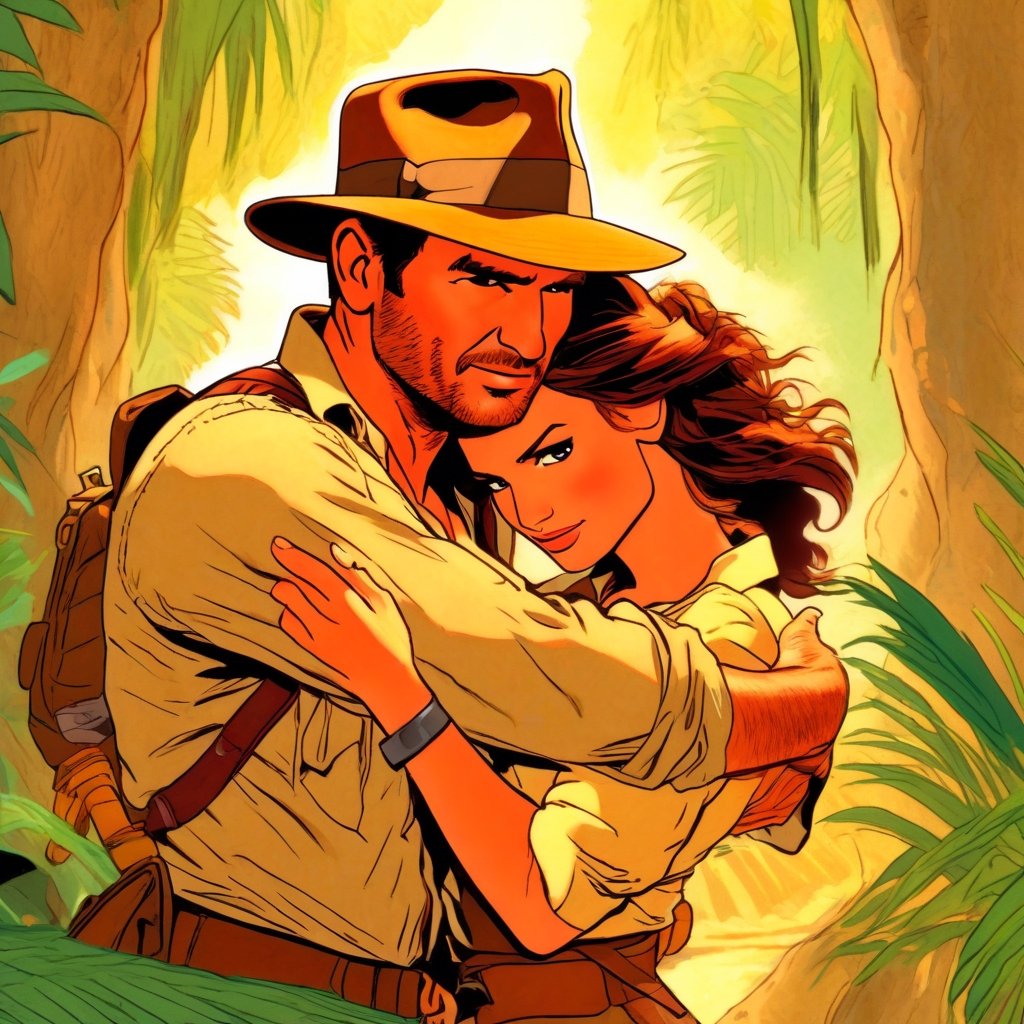 Indiana Jones hugging Lara Croft,  color Illustration by NobodyButMeow on Tensor.Art