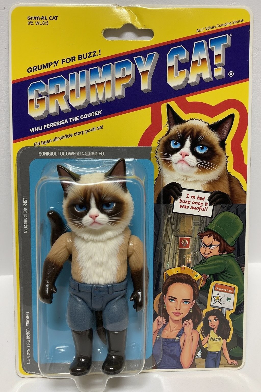 ral-afpacking. An unopened action figure package featuring "Grumpy Cat," a sad-looking Grumpy Cat with teary eyes, holding a small sign that reads "Awfull Buzz." The figure is posed sitting down with a pitiful expression, and a droopy posture. The packaging is brightly colored, with cartoonish illustrations of the Grumpy Cat on the sides and a speech bubble on the front that says, "I had buzz once, it was awfull!" The background inside the package shows a city alley, emphasizing the cat's plight. The title "Grumpy Cat" is written in bold, playful letters at the top, with the tagline "Grumpy for Buzz!"