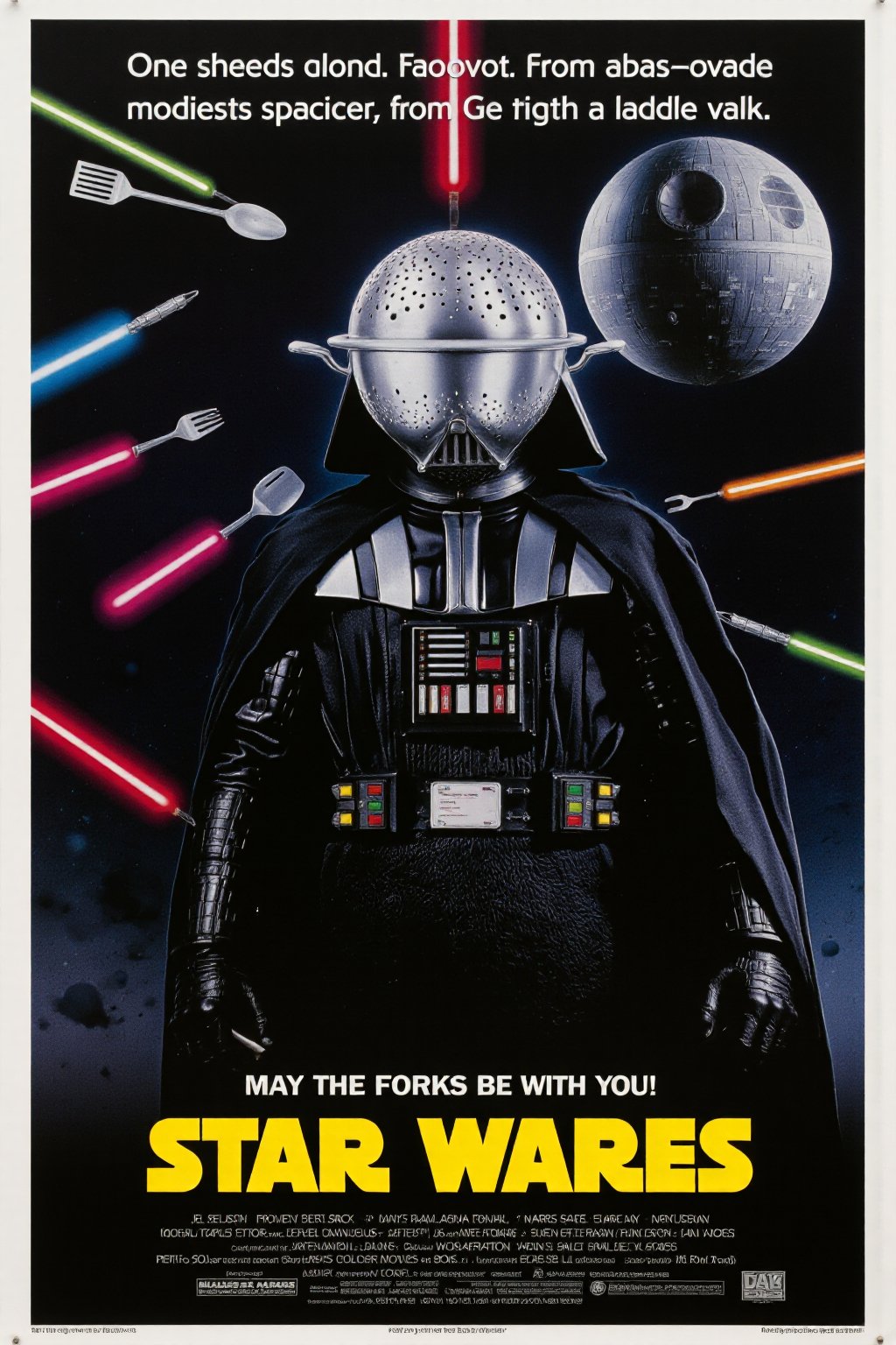 A vintage movie poster titled "Star Wares,  " featuring Darth Vader with a kitchen colander hilariously replacing his icon...