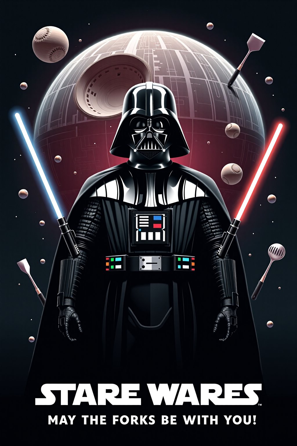 A parody movie poster titled "STARE Wares,  " featuring Darth Vader with a kitchen colander hilariously replacing his icon...