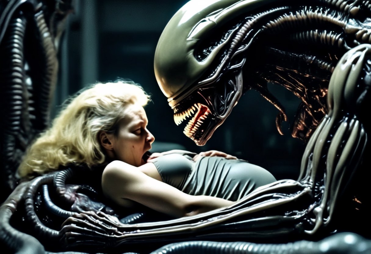 Photo of a blonde woman giving birth,  baby Xenomorph,  cinematic horror by NobodyButMeow on Tensor.Art
