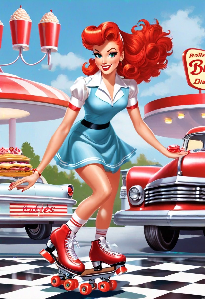 waitress,  red head,  roller skating by NobodyButMeow on Tensor.Art